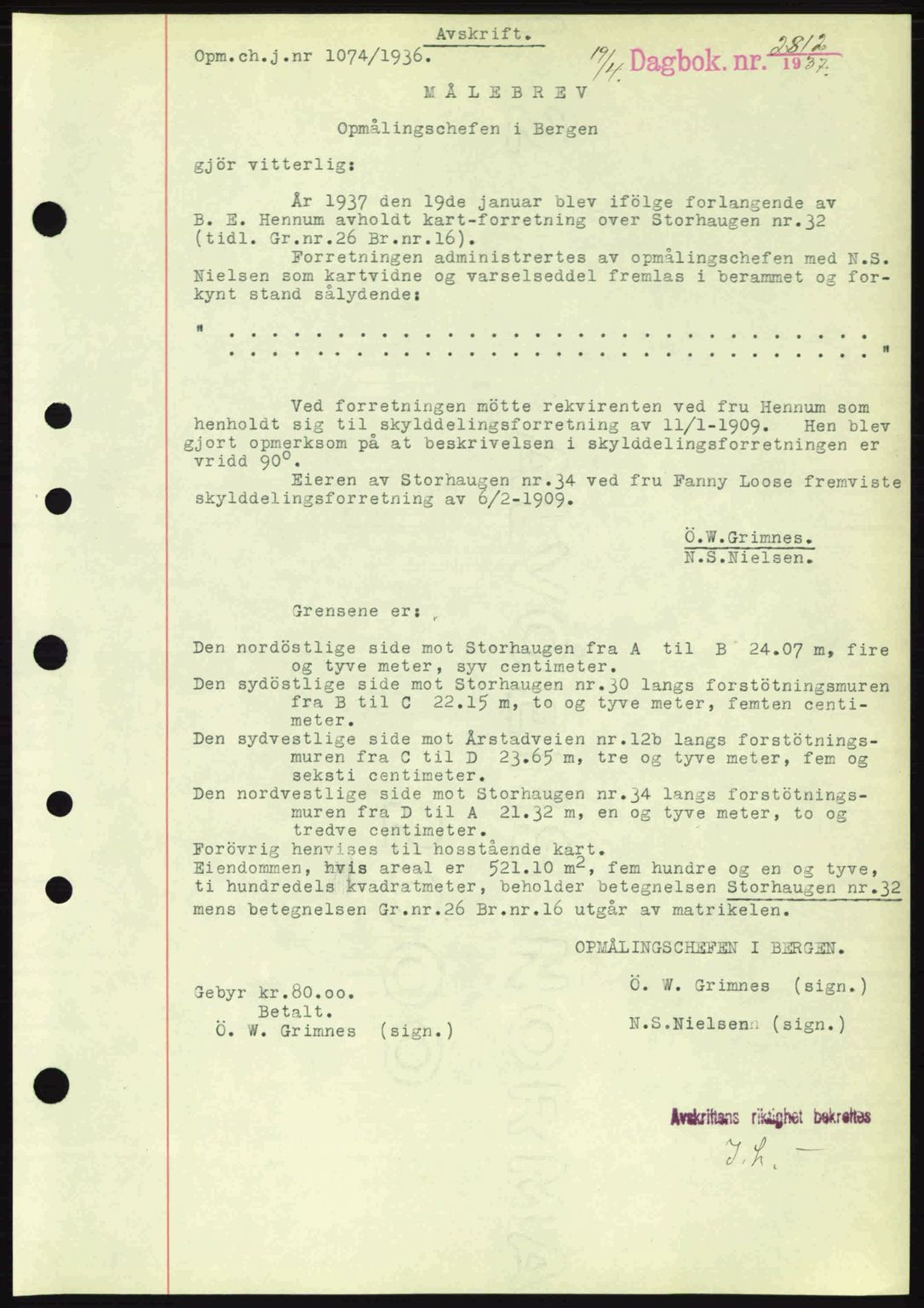Byfogd og Byskriver i Bergen, SAB/A-3401/03/03Bc/L0004: Mortgage book no. A3-4, 1936-1937, Diary no: : 2812/1937