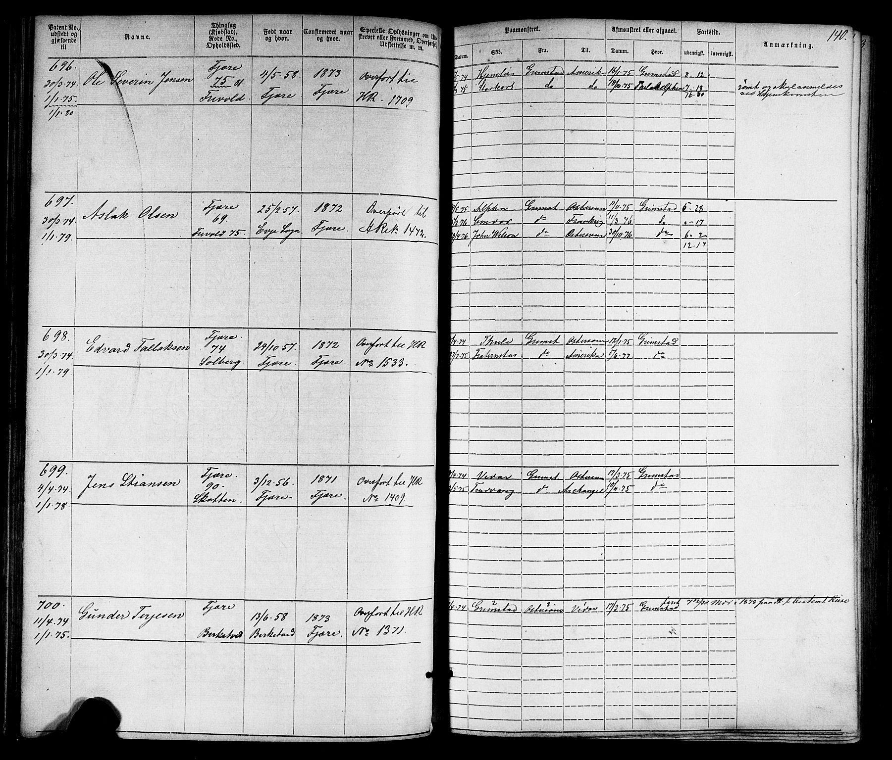 Grimstad mønstringskrets, SAK/2031-0013/F/Fa/L0005: Annotasjonsrulle nr 1-1910 med register, V-18, 1870-1892, p. 167