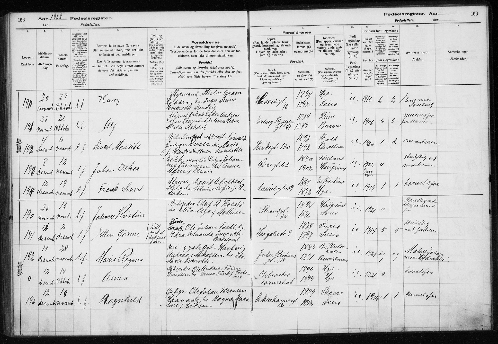 Haugesund sokneprestkontor, AV/SAST-A -101863/I/Id/L0004: Birth register no. 2, 1919-1923, p. 166