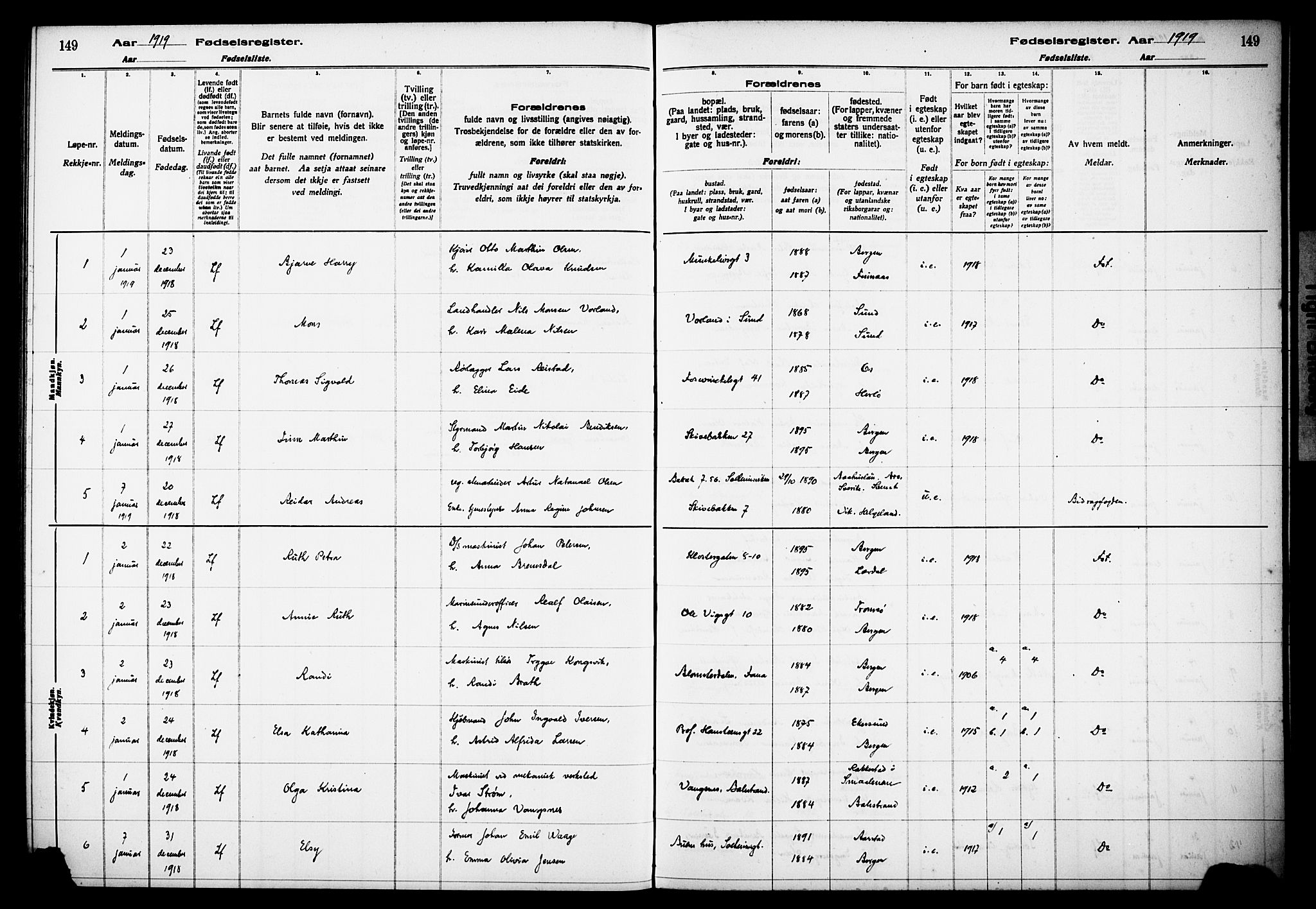 Kvinneklinikken, SAB/A-76301/F/L0A01: Birth register no. A 1, 1916-1920, p. 149