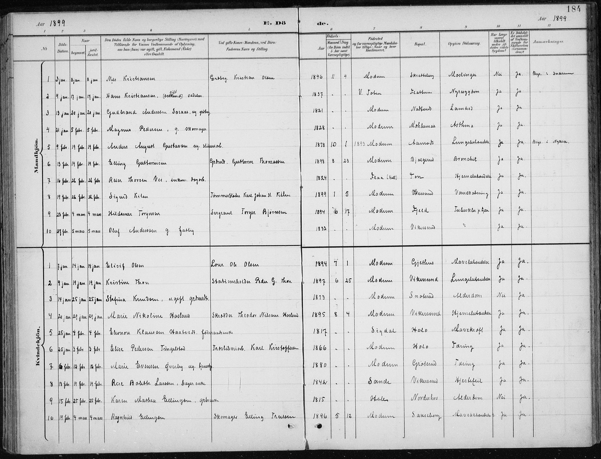 Modum kirkebøker, SAKO/A-234/F/Fa/L0013: Parish register (official) no. 13, 1899-1907, p. 184