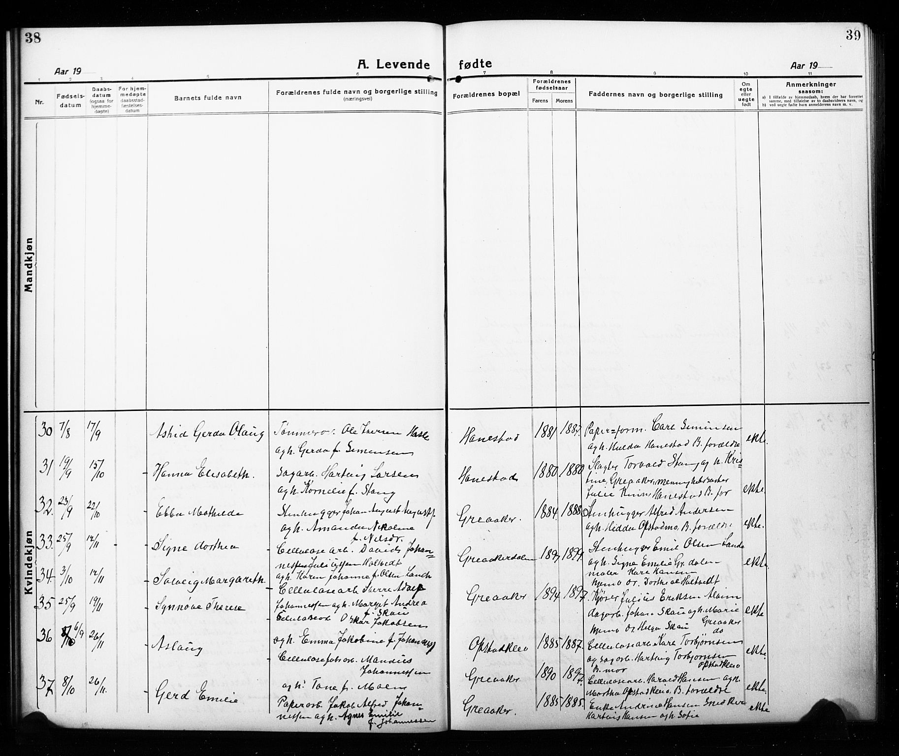Tune prestekontor Kirkebøker, AV/SAO-A-2007/G/Gc/L0001: Parish register (copy) no. III 1, 1920-1930, p. 38-39