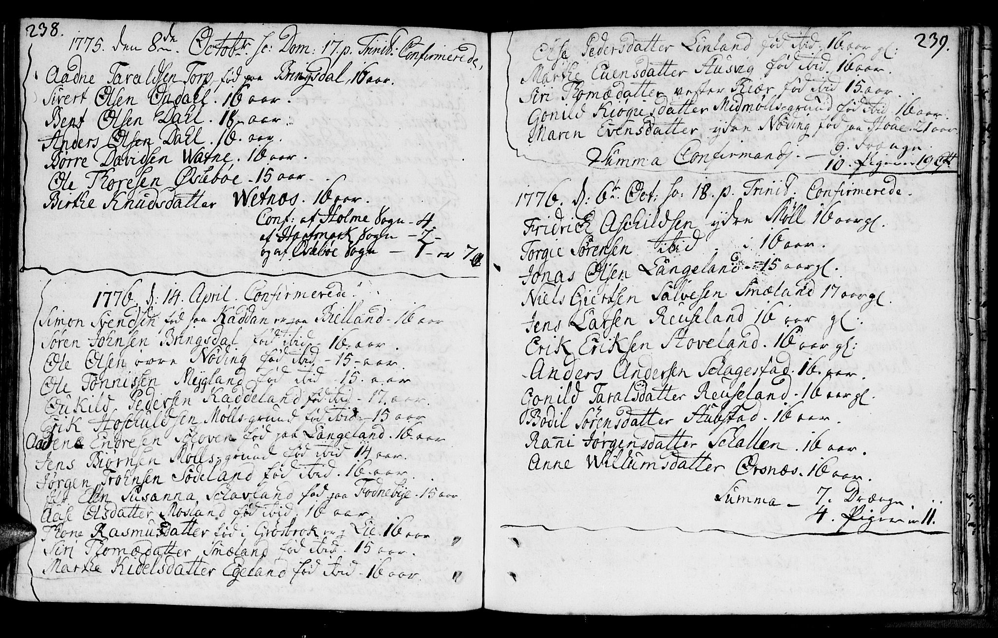 Holum sokneprestkontor, SAK/1111-0022/F/Fa/Faa/L0002: Parish register (official) no. A 2, 1756-1780, p. 238-239