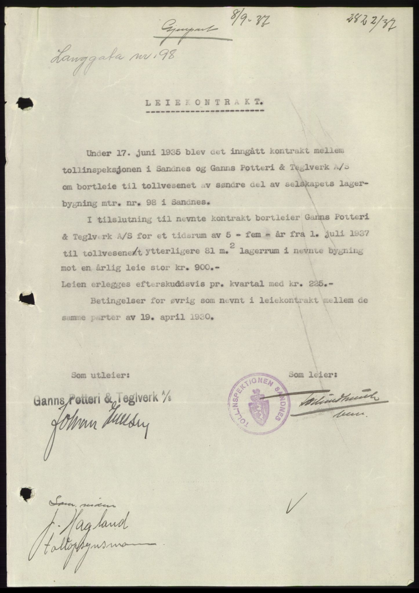 Jæren sorenskriveri, SAST/A-100310/03/G/Gba/L0069: Mortgage book, 1937-1937, Diary no: : 2822/1937
