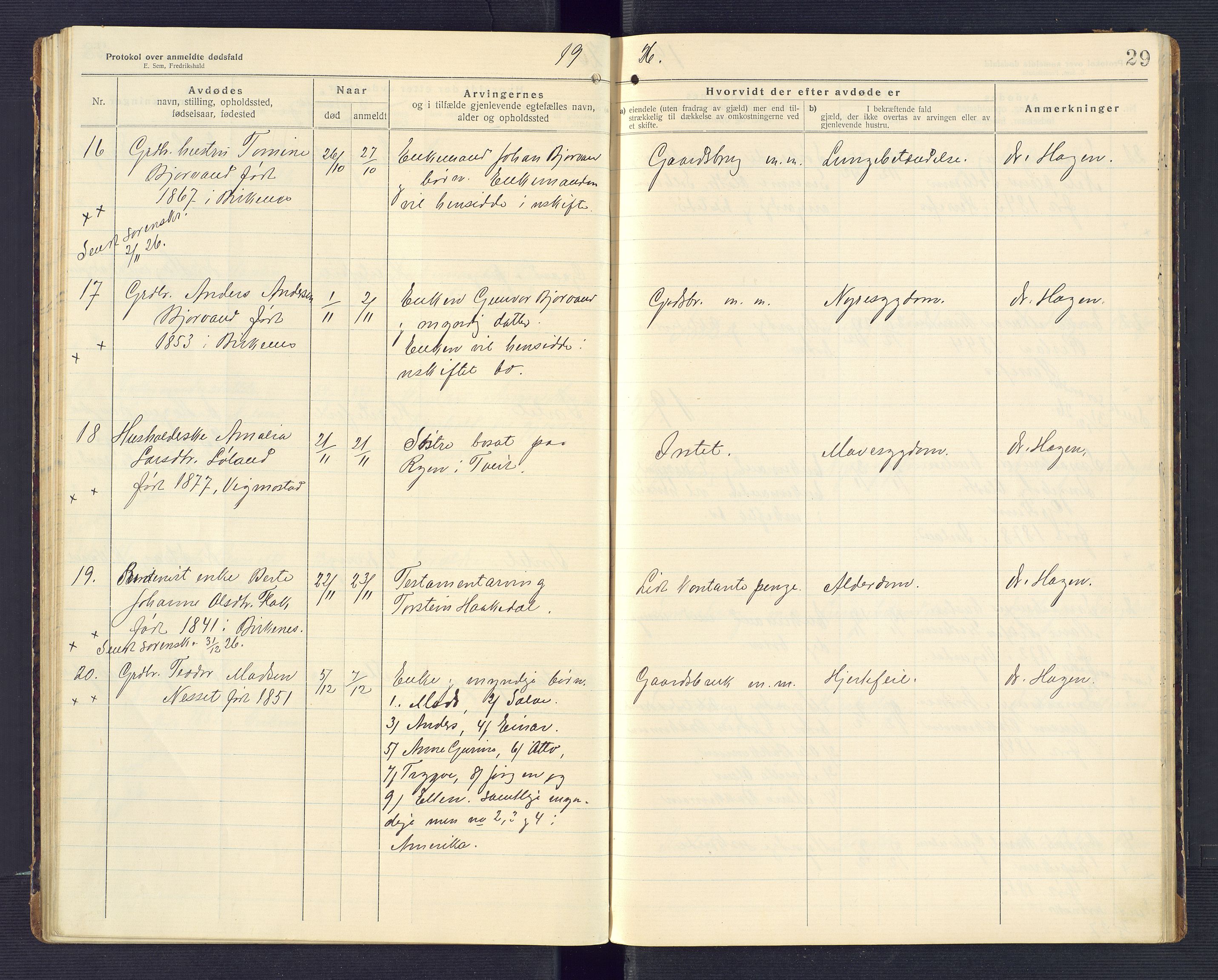 Birkenes lensmannskontor, AV/SAK-1241-0004/F/Fe/L0001/0002: Dødsfallsprotokoller / Dødsfallsprotokoll, 1920-1932, p. 29