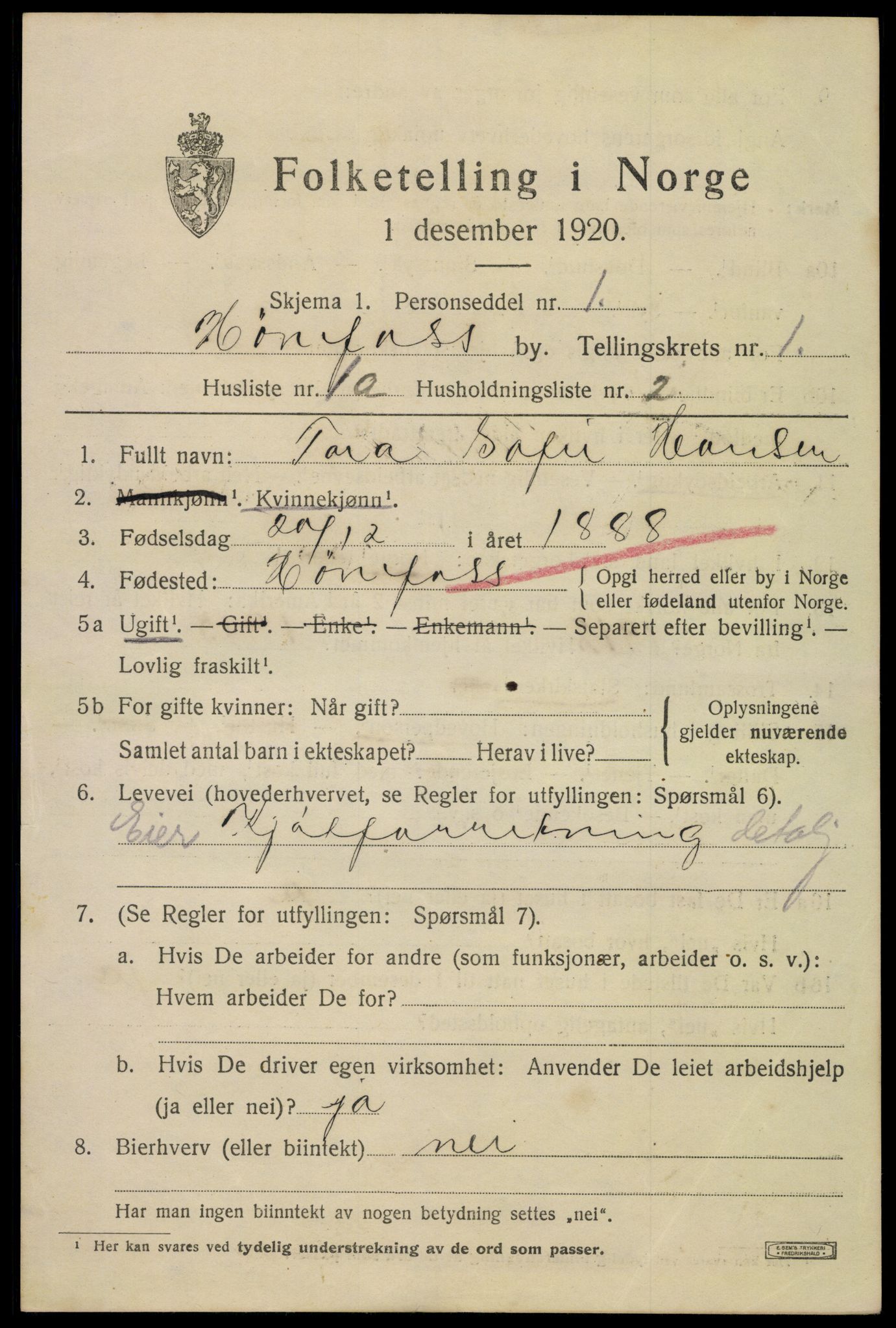 SAKO, 1920 census for Hønefoss, 1920, p. 2272