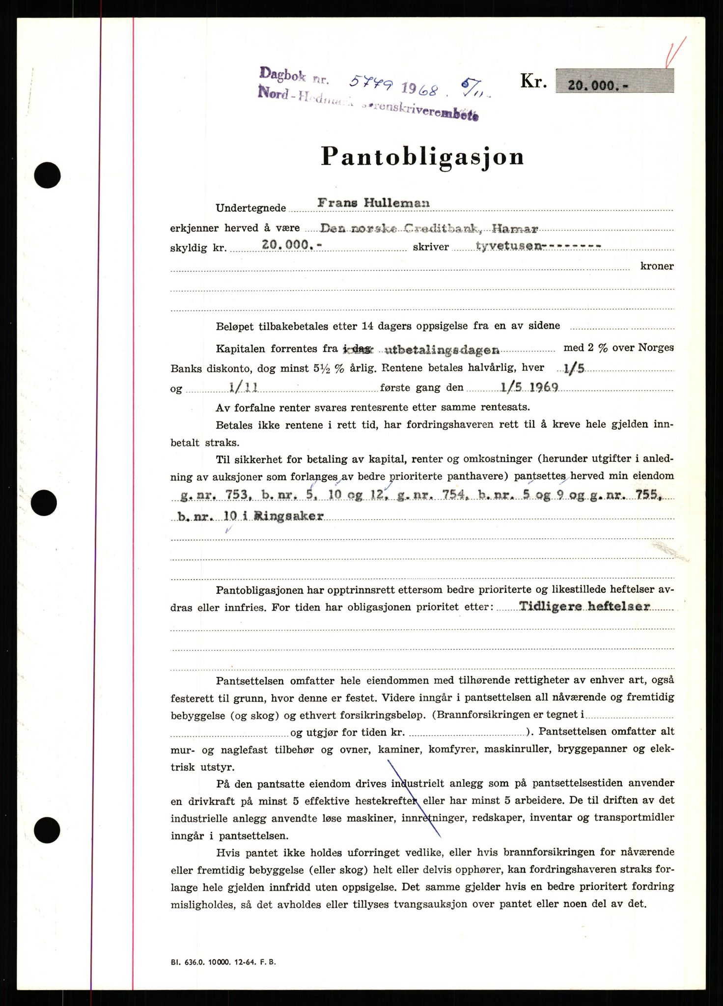 Nord-Hedmark sorenskriveri, SAH/TING-012/H/Hb/Hbf/L0077: Mortgage book no. B77, 1968-1969, Diary no: : 5779/1968