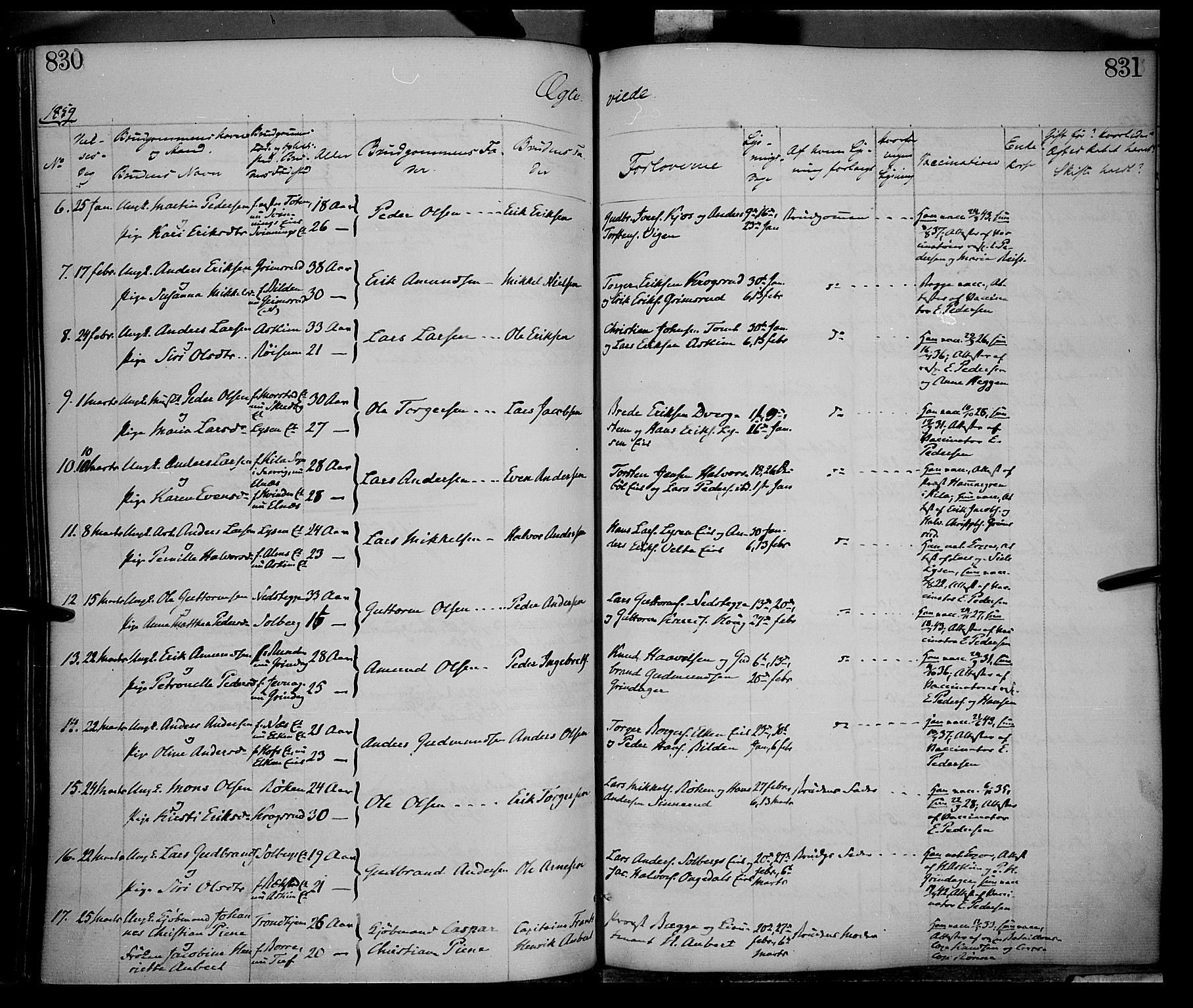 Gran prestekontor, SAH/PREST-112/H/Ha/Haa/L0012: Parish register (official) no. 12, 1856-1874, p. 830-831