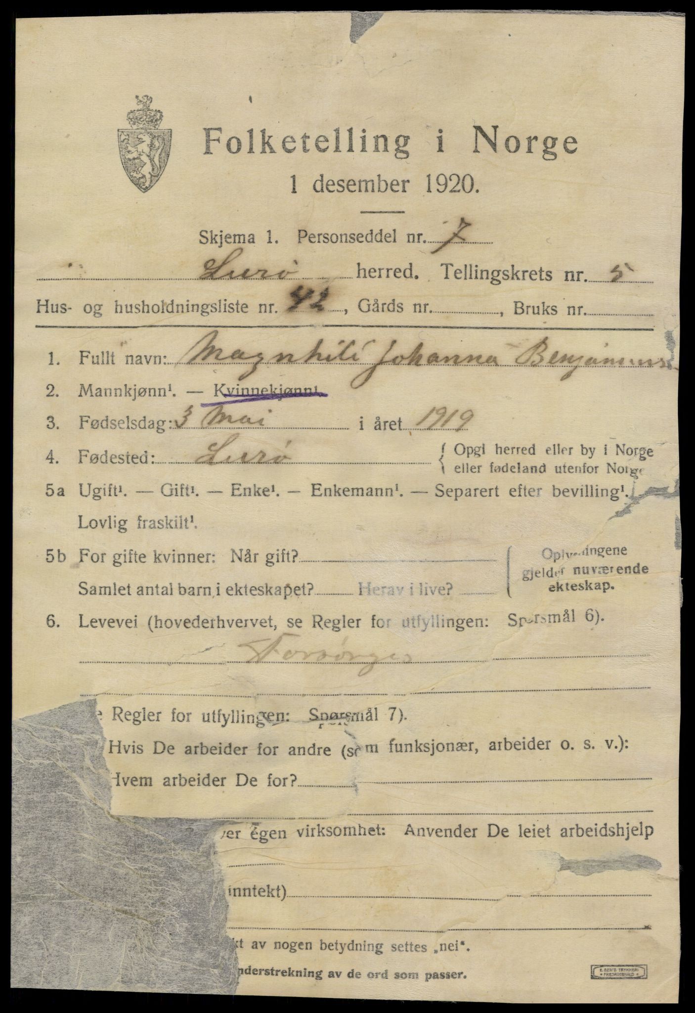 SAT, 1920 census for Lurøy, 1920, p. 3071