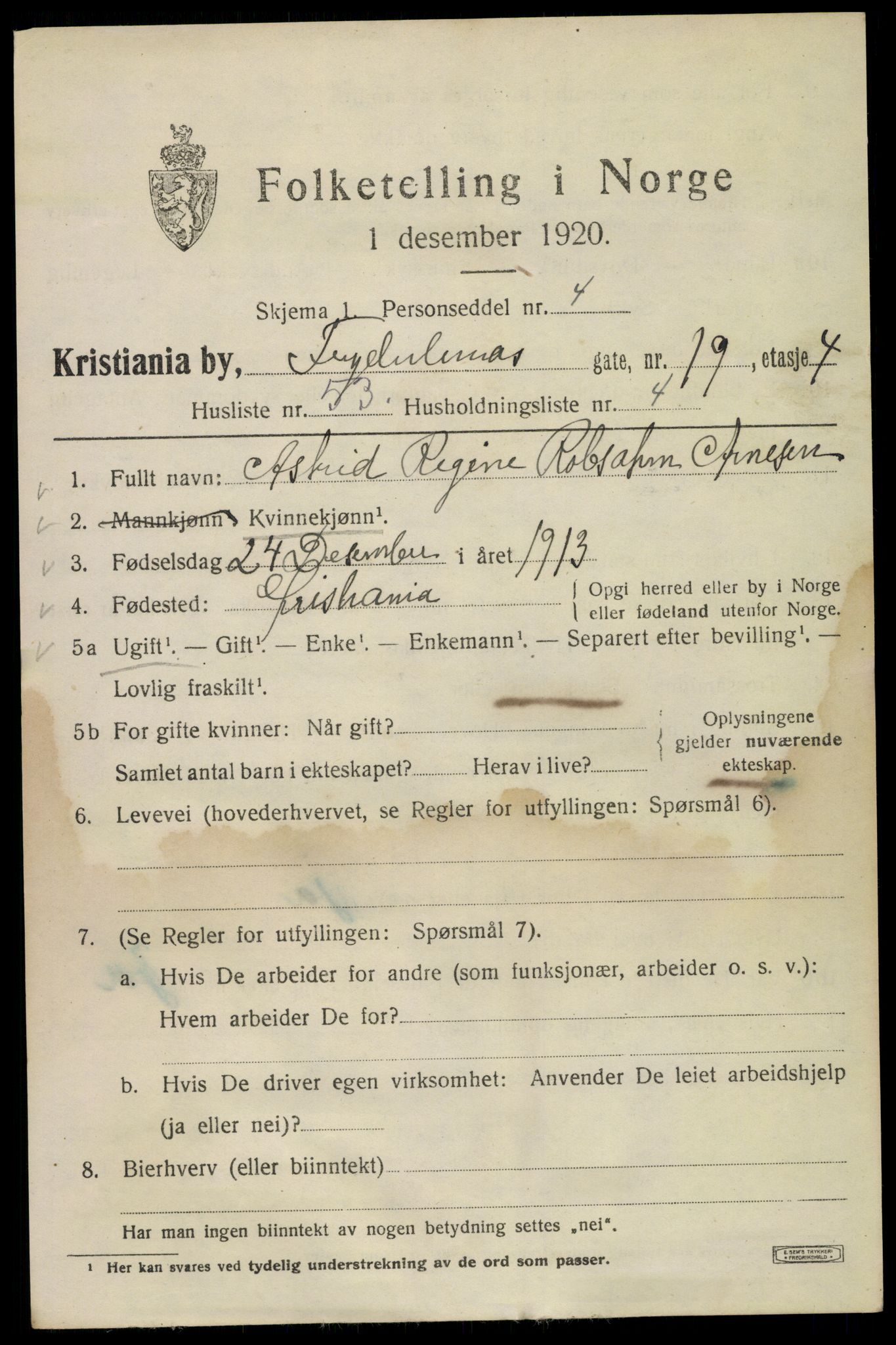 SAO, 1920 census for Kristiania, 1920, p. 245243