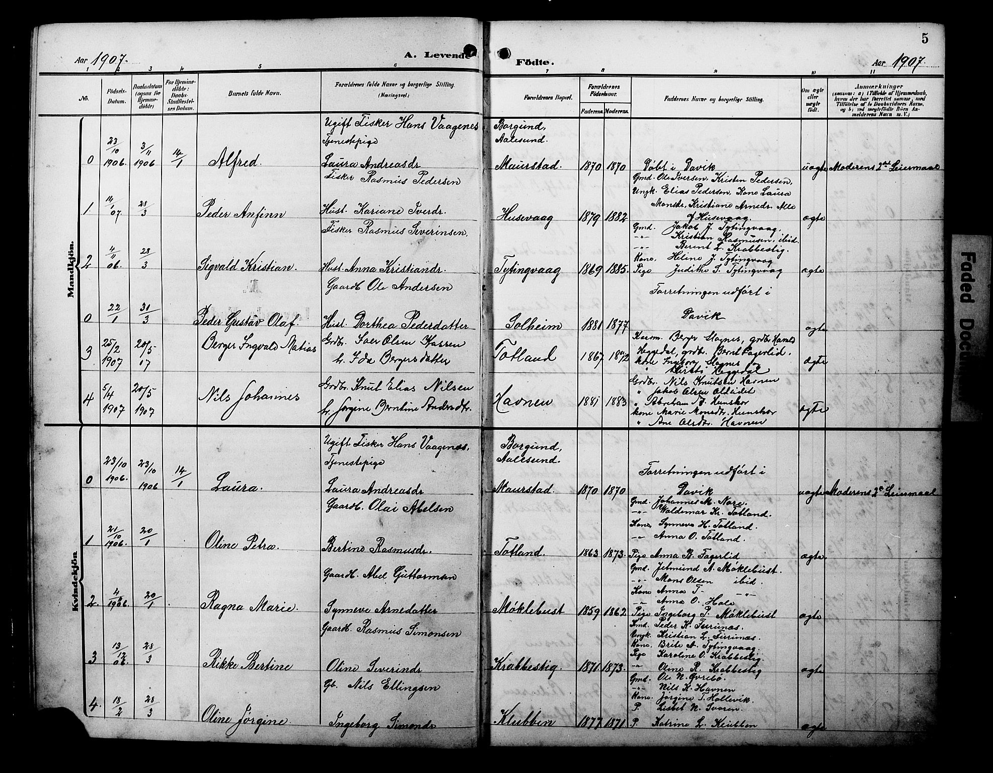 Davik sokneprestembete, SAB/A-79701/H/Hab/Habc/L0003: Parish register (copy) no. C 3, 1907-1929, p. 5