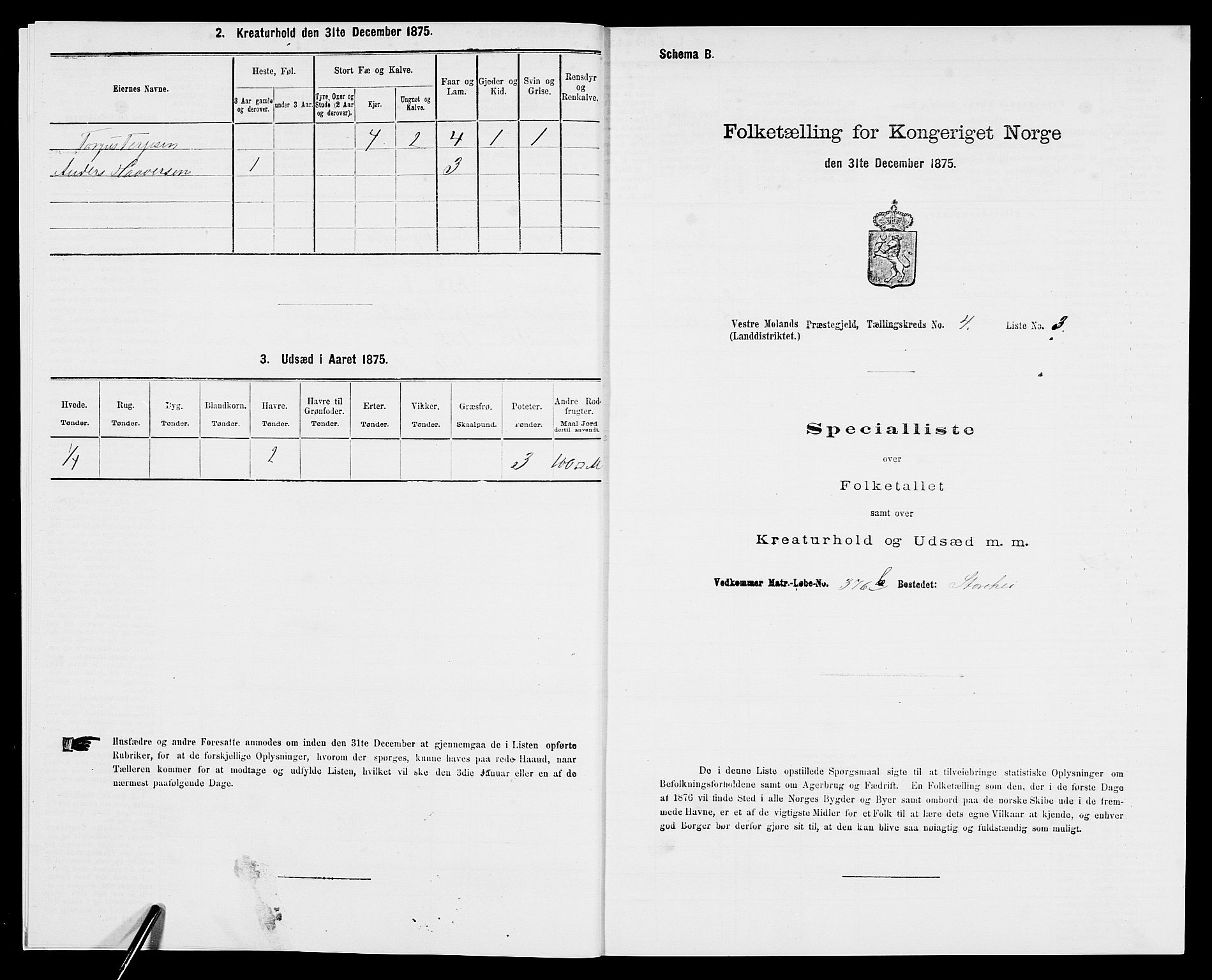 SAK, 1875 census for 0926L Vestre Moland/Vestre Moland, 1875, p. 560