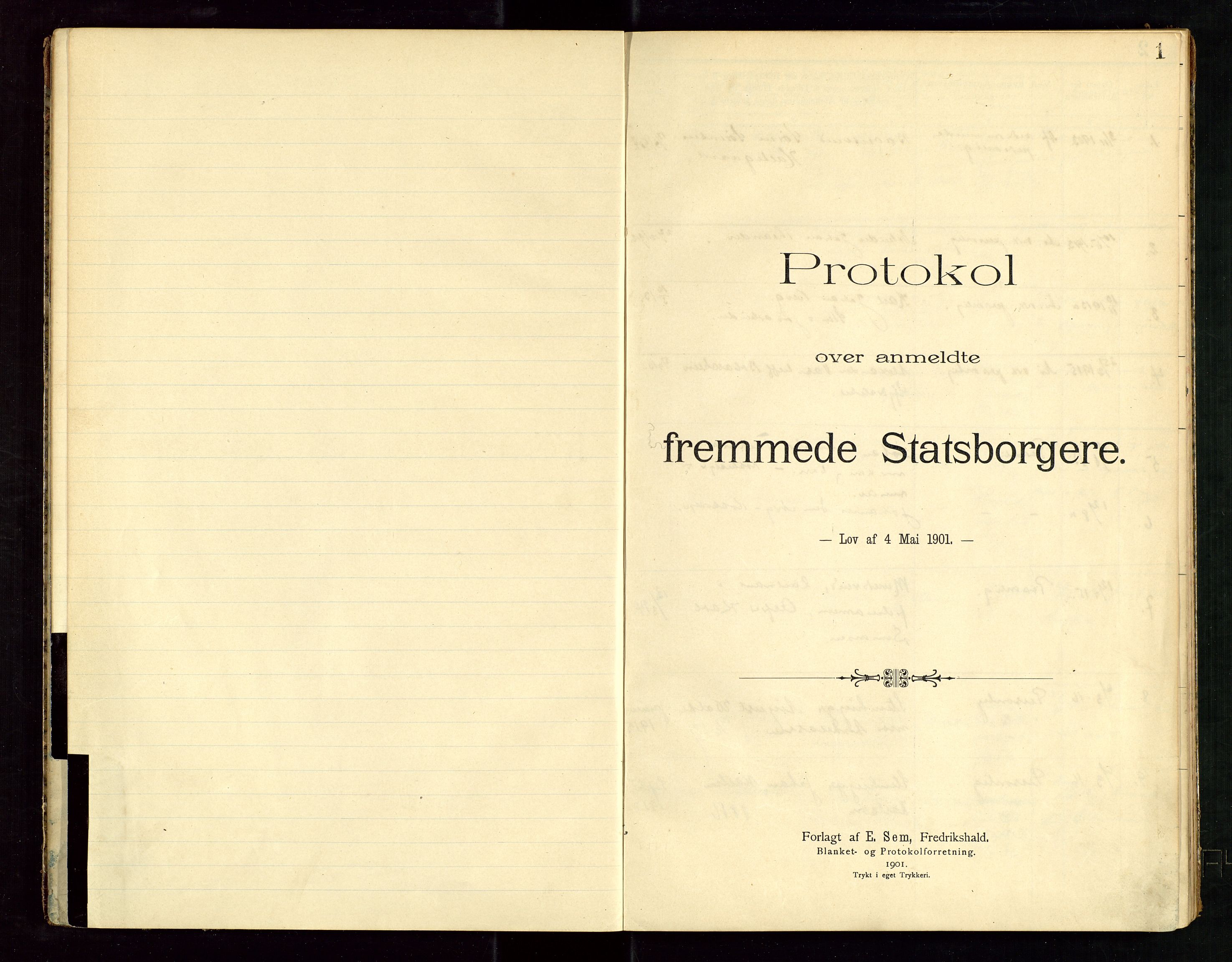 Skudenes lensmannskontor, SAST/A-100444/Fea/L0001: "Protokol over anmeldte fremmede Statsborgere", 1903-1945, p. 1