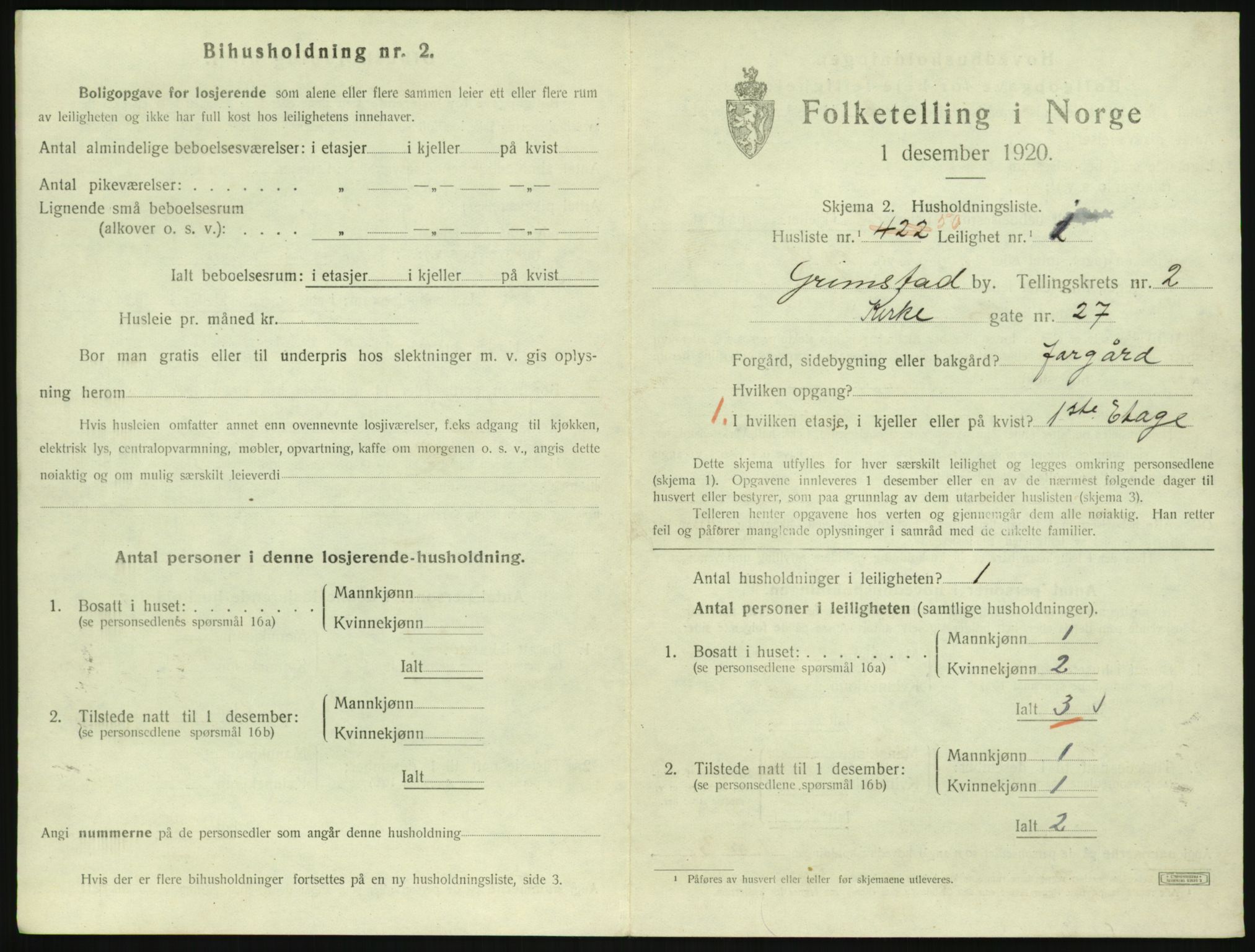 SAK, 1920 census for Grimstad, 1920, p. 1417