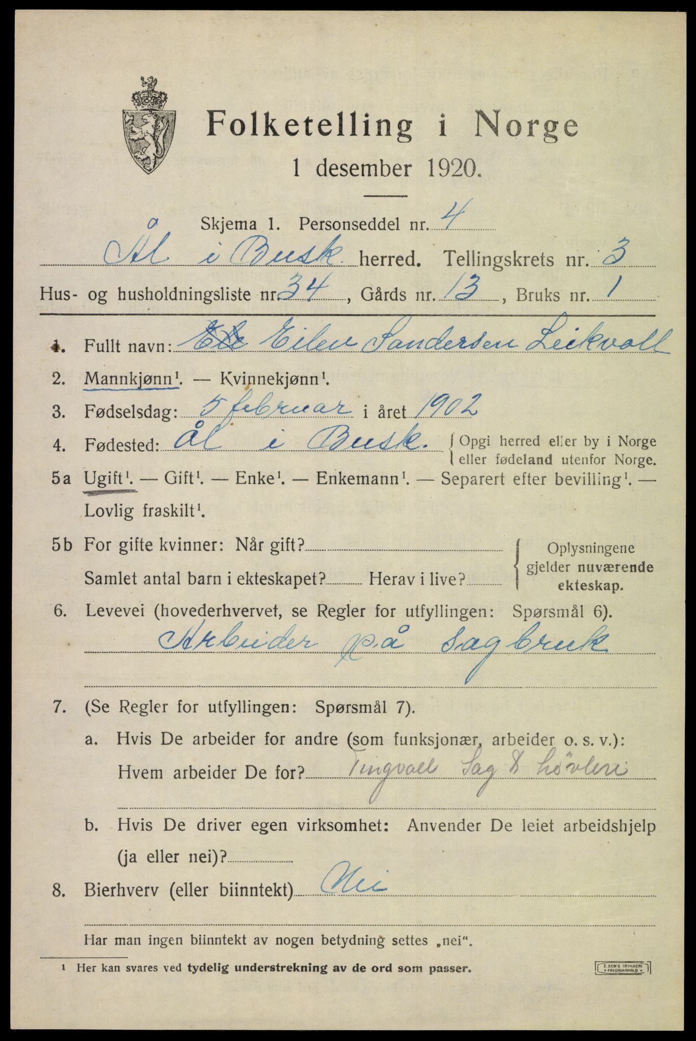 SAKO, 1920 census for Ål, 1920, p. 2774