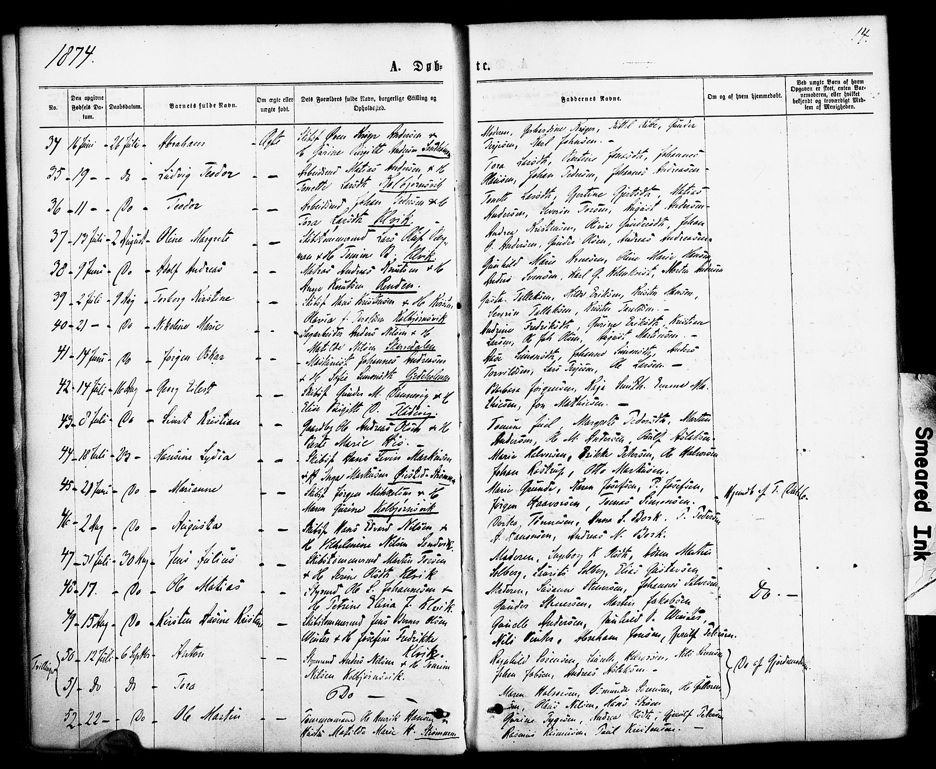 Hisøy sokneprestkontor, AV/SAK-1111-0020/F/Fa/L0002: Parish register (official) no. A 2, 1872-1880, p. 14