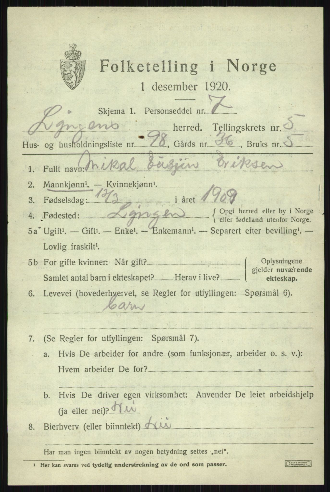 SATØ, 1920 census for Lyngen, 1920, p. 6584