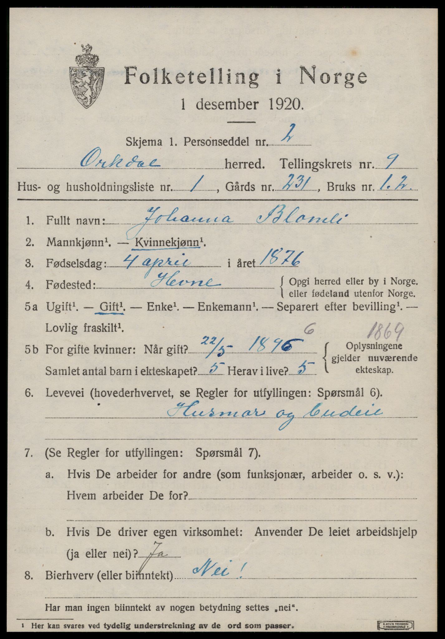 SAT, 1920 census for Orkdal, 1920, p. 6878