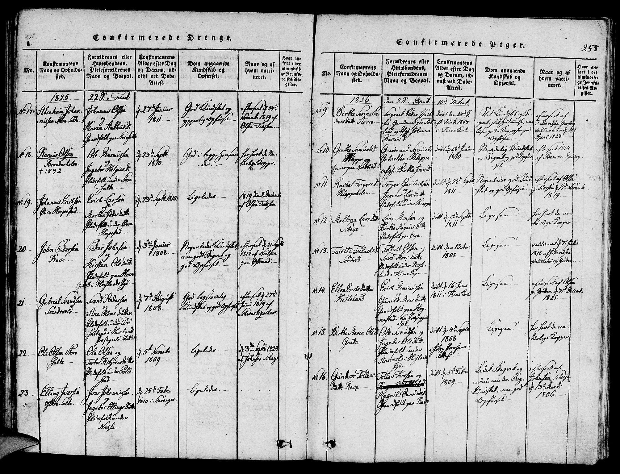 Klepp sokneprestkontor, AV/SAST-A-101803/001/3/30BA/L0002: Parish register (official) no. A 2, 1816-1833, p. 258