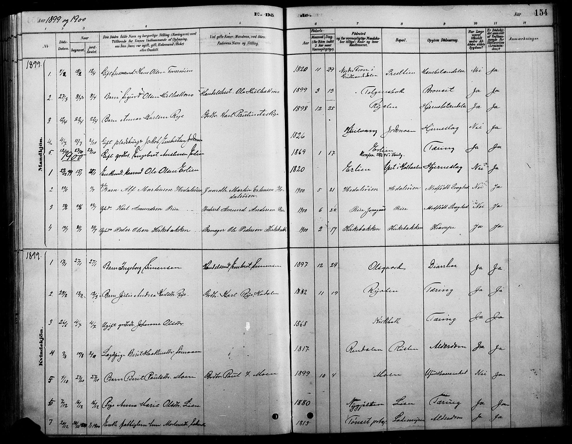 Tolga prestekontor, SAH/PREST-062/L/L0007: Parish register (copy) no. 7, 1878-1919, p. 154