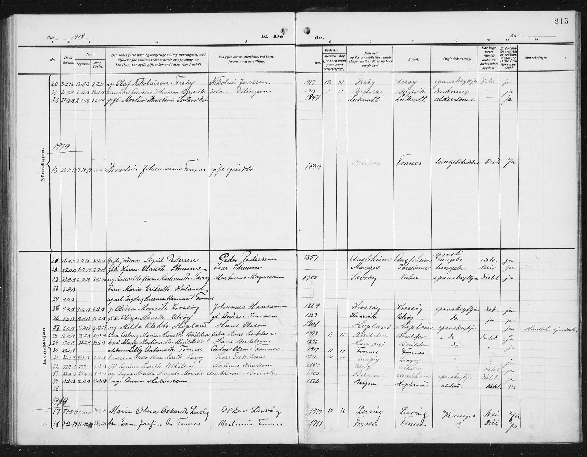 Lindås Sokneprestembete, SAB/A-76701/H/Hab: Parish register (copy) no. C 5, 1910-1927, p. 215