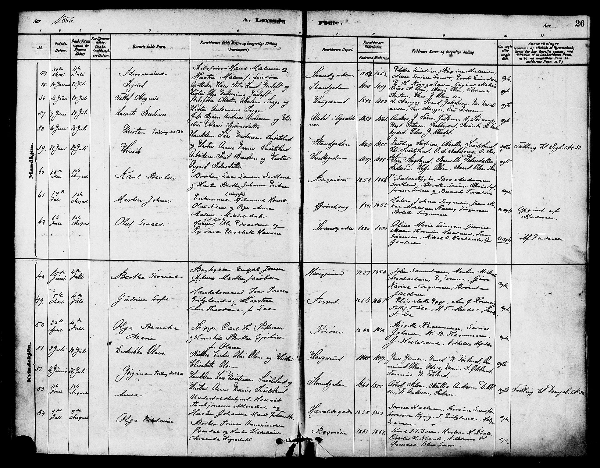 Haugesund sokneprestkontor, AV/SAST-A -101863/H/Ha/Haa/L0003: Parish register (official) no. A 3, 1885-1890, p. 26