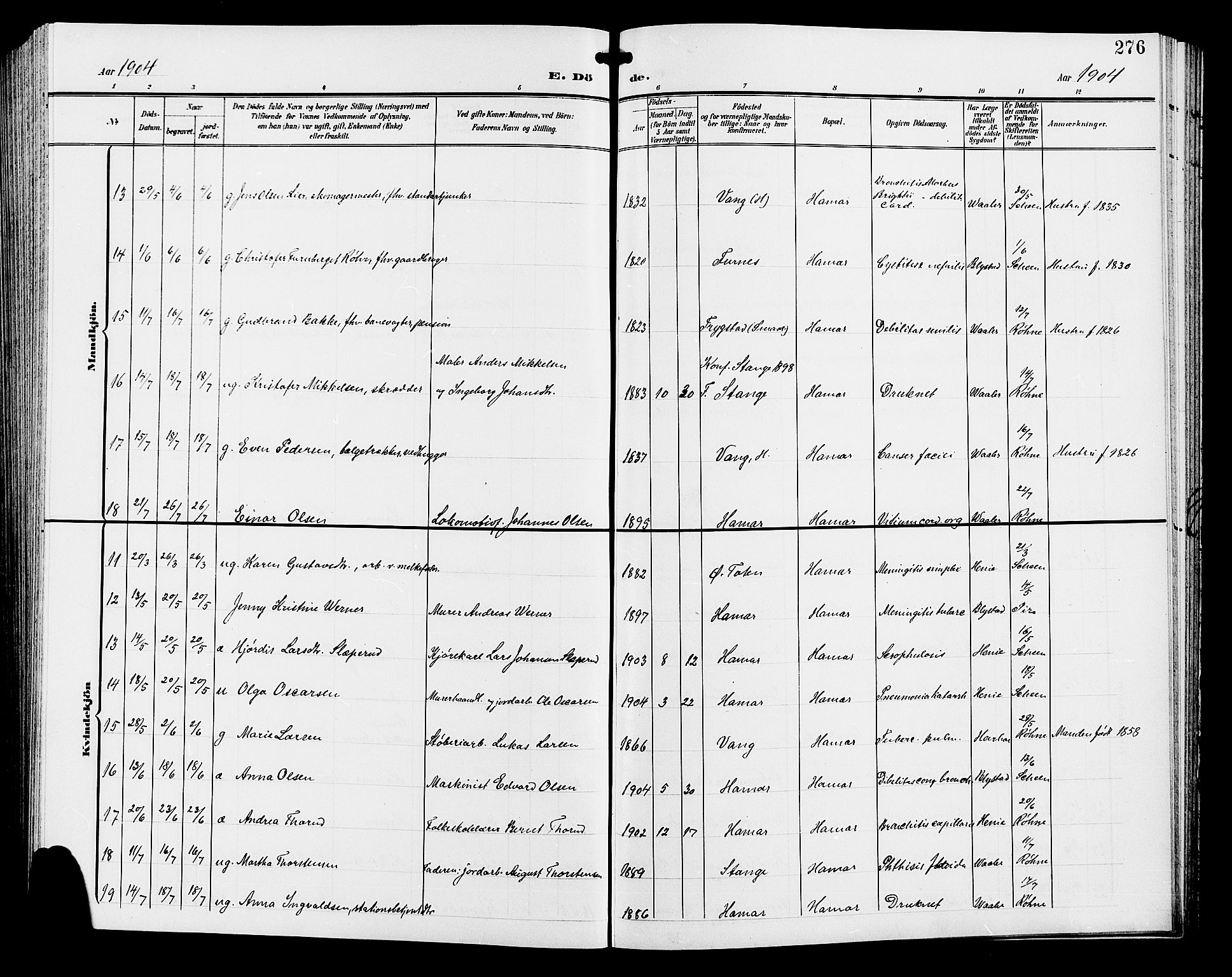 Hamar prestekontor, AV/SAH-DOMPH-002/H/Ha/Hab/L0001: Parish register (copy) no. 1, 1899-1914, p. 276