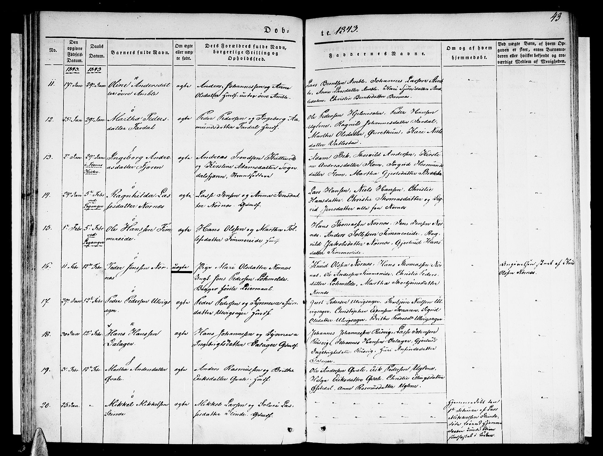 Sogndal sokneprestembete, AV/SAB-A-81301/H/Haa/Haaa/L0011: Parish register (official) no. A 11, 1839-1847, p. 43