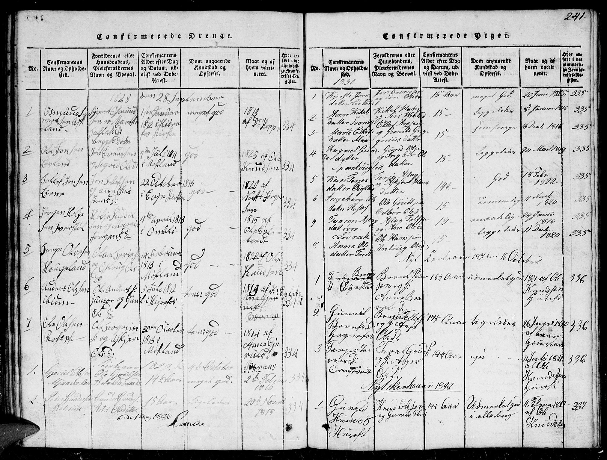 Herefoss sokneprestkontor, AV/SAK-1111-0019/F/Fb/Fbc/L0001: Parish register (copy) no. B 1, 1816-1866, p. 241