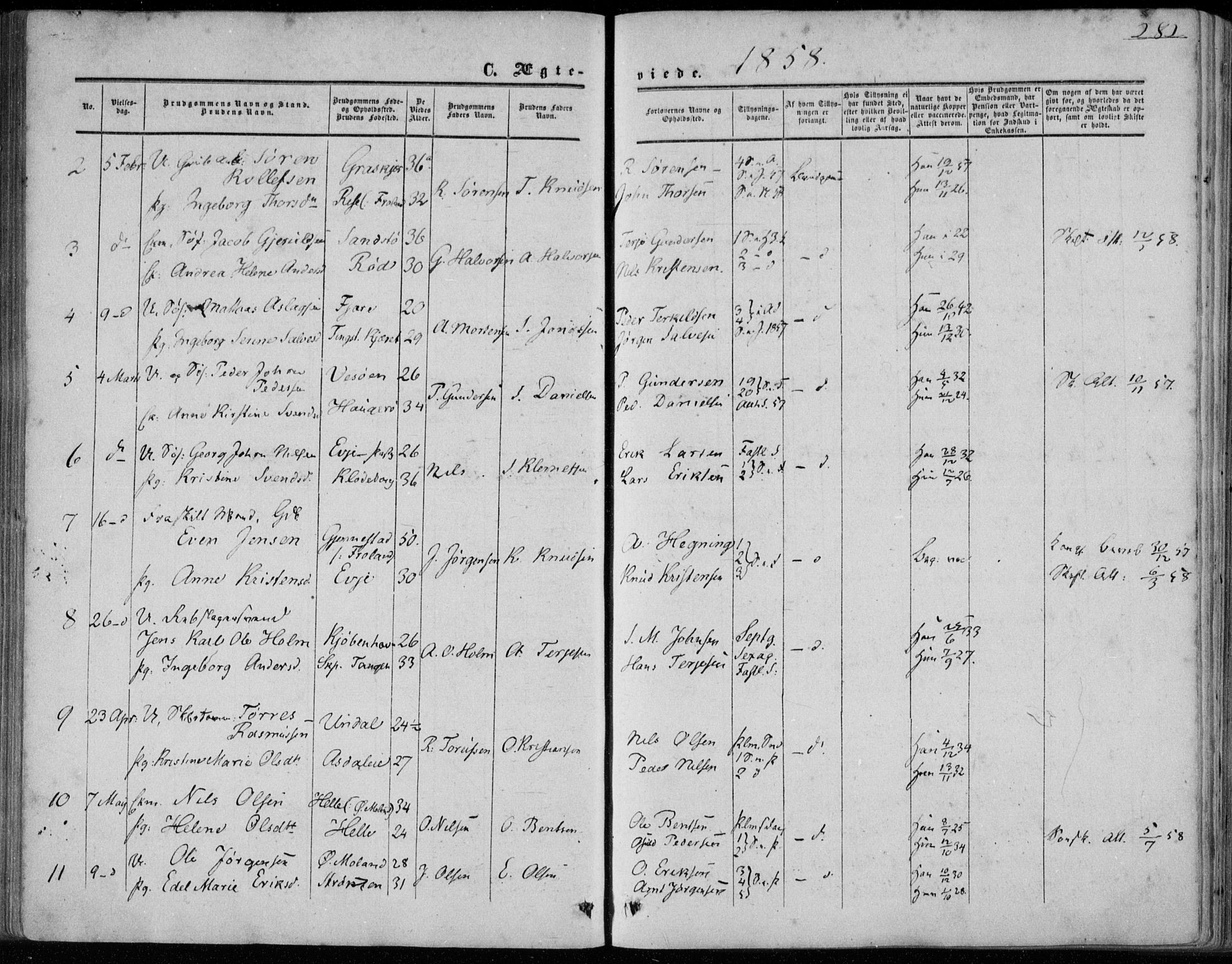 Øyestad sokneprestkontor, AV/SAK-1111-0049/F/Fa/L0015: Parish register (official) no. A 15, 1857-1873, p. 282