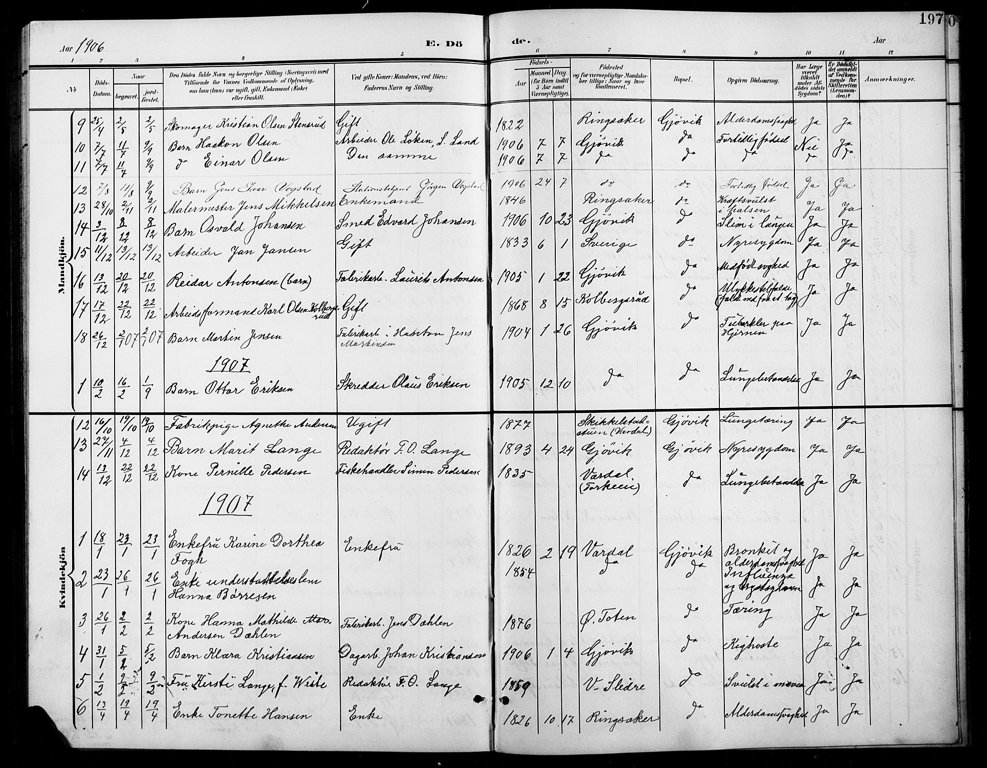 Vardal prestekontor, AV/SAH-PREST-100/H/Ha/Hab/L0012: Parish register (copy) no. 12, 1902-1911, p. 197