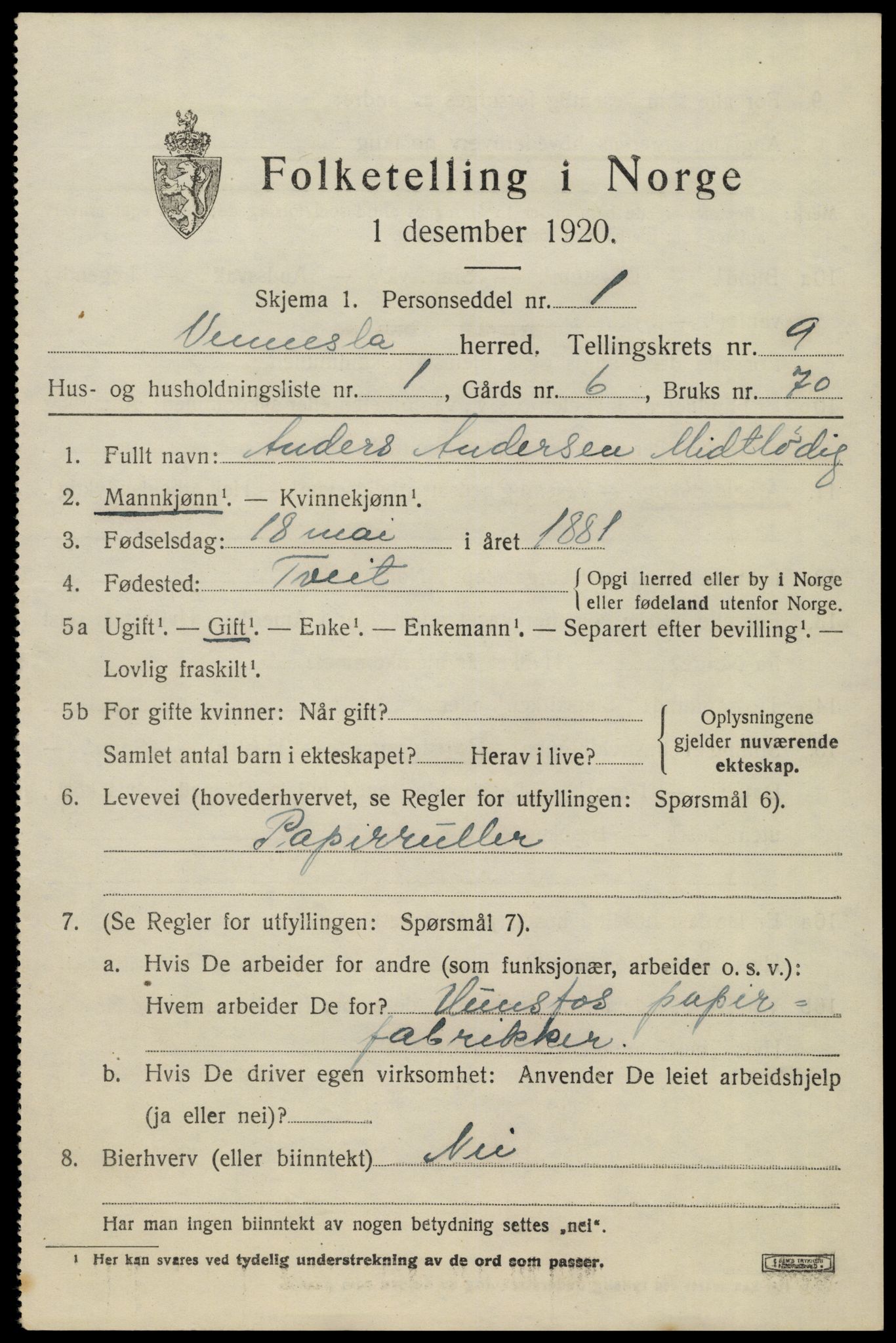 SAK, 1920 census for Vennesla, 1920, p. 6376