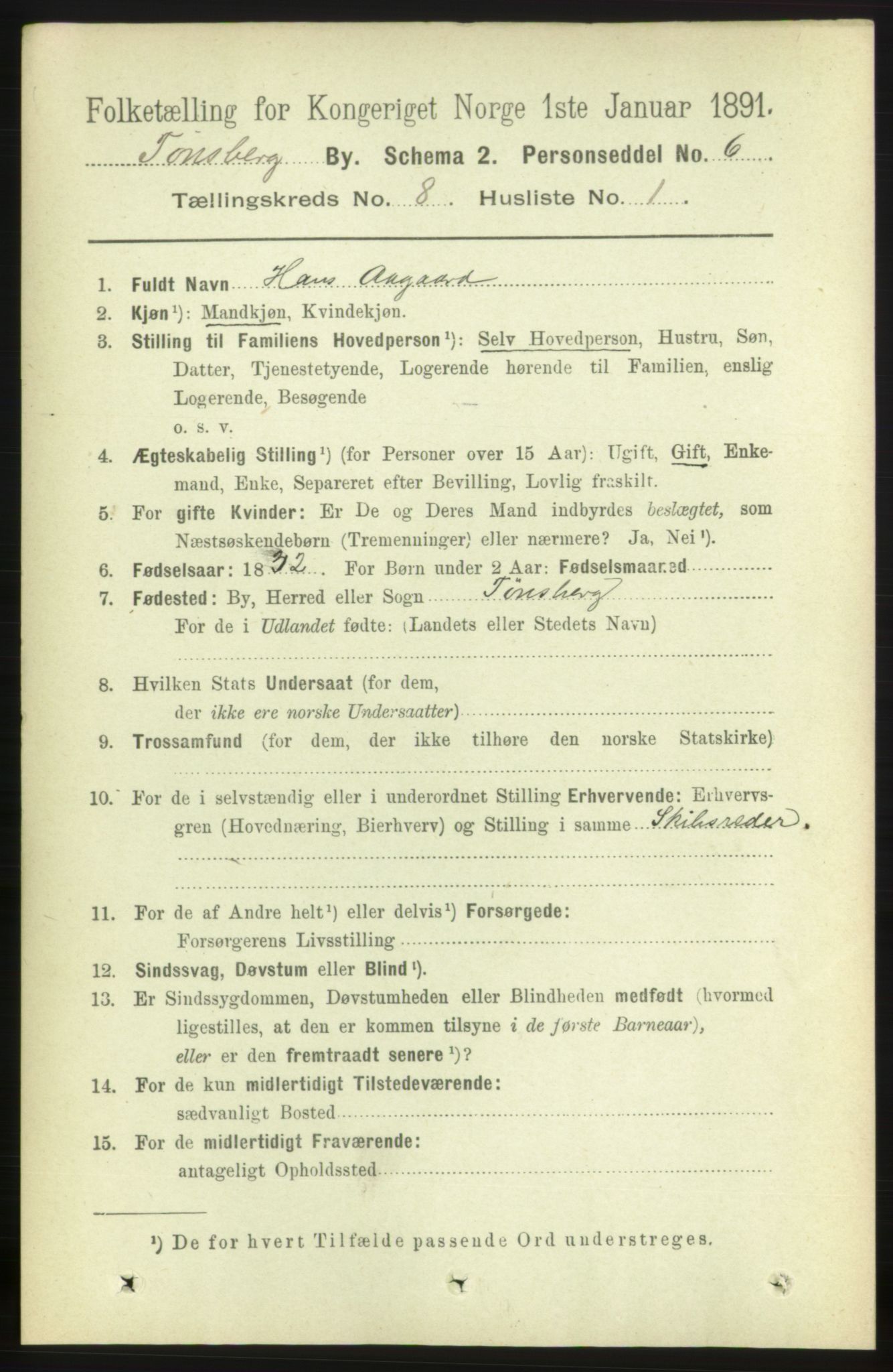 RA, 1891 census for 0705 Tønsberg, 1891, p. 3056