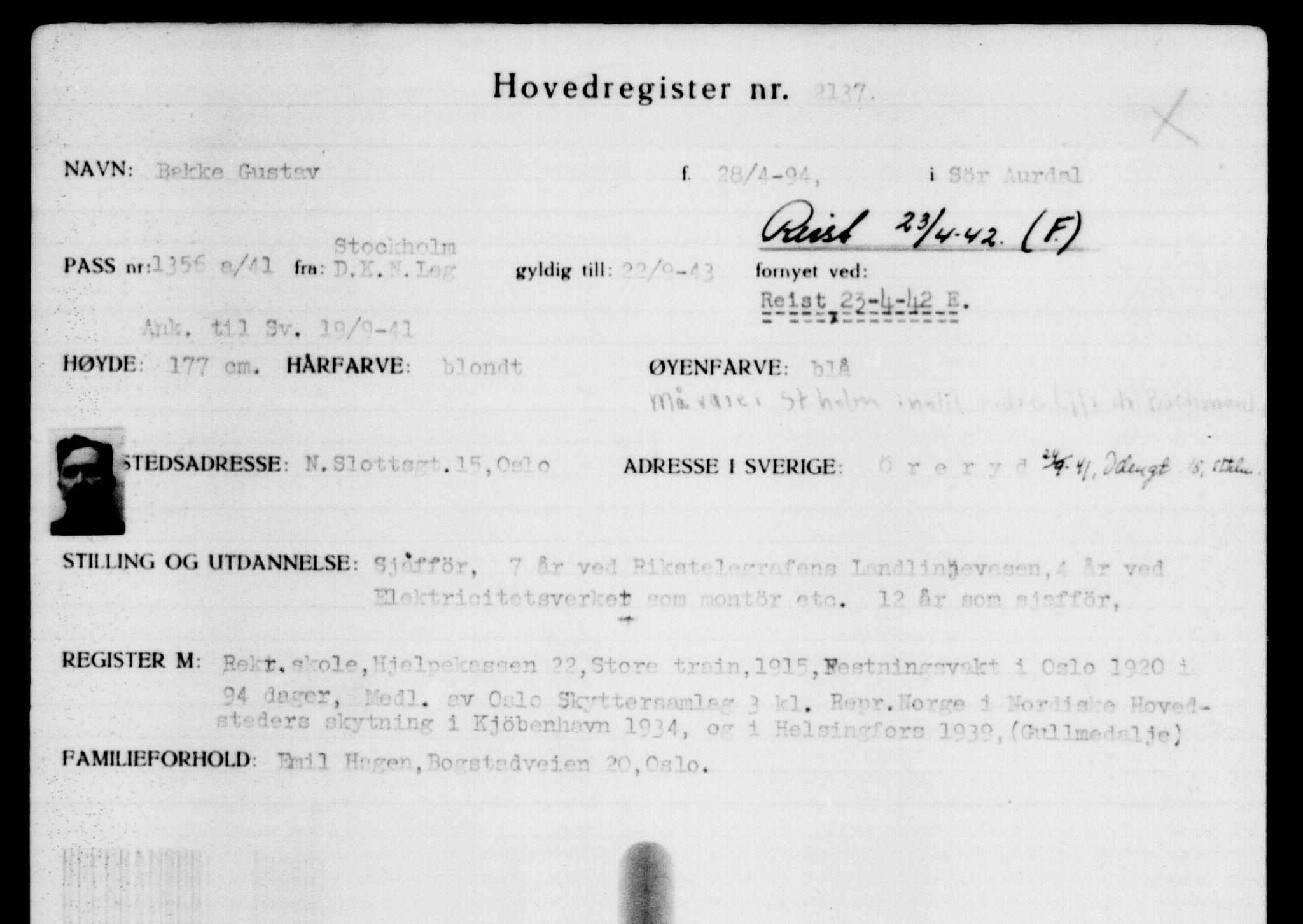 Den Kgl. Norske Legasjons Flyktningskontor, RA/S-6753/V/Va/L0003: Kjesäterkartoteket.  Flyktningenr. 2001-3495, 1940-1945, p. 189