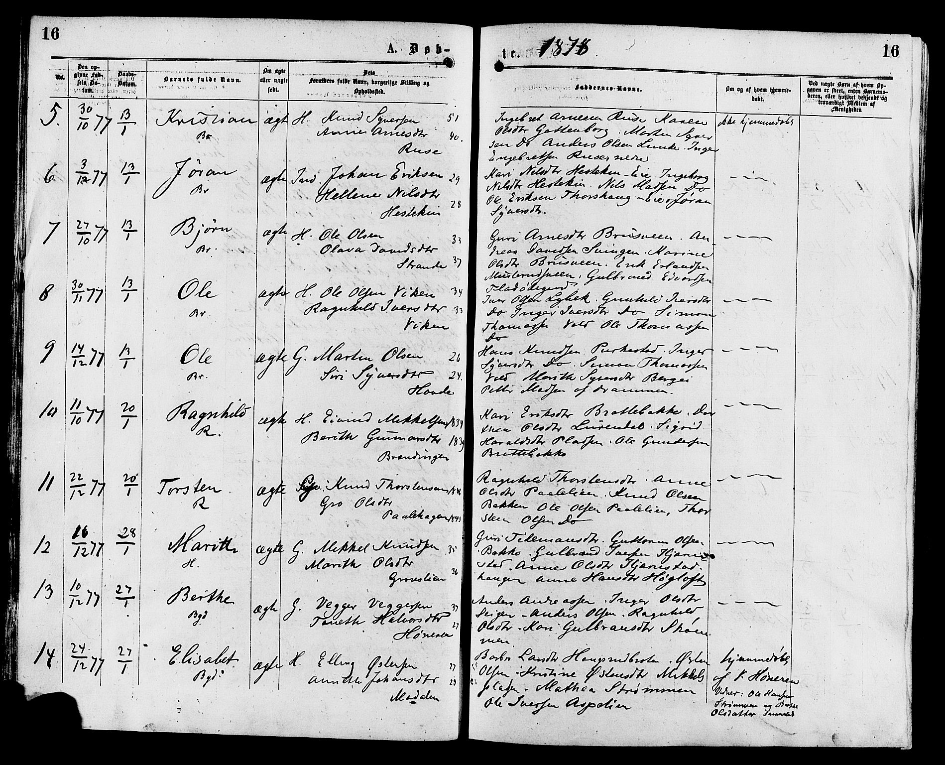 Sør-Aurdal prestekontor, AV/SAH-PREST-128/H/Ha/Haa/L0008: Parish register (official) no. 8, 1877-1885, p. 16