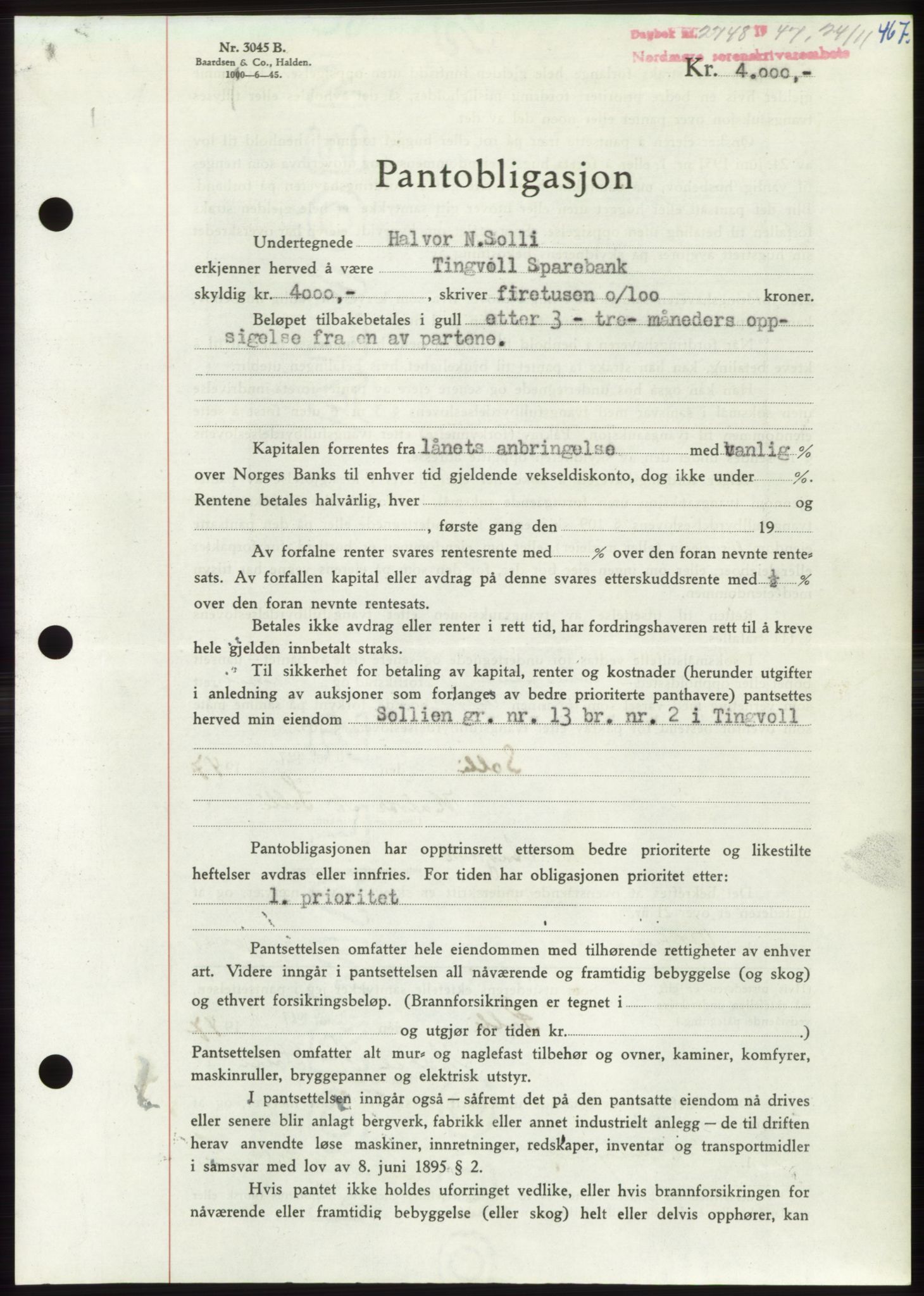 Nordmøre sorenskriveri, AV/SAT-A-4132/1/2/2Ca: Mortgage book no. B97, 1947-1948, Diary no: : 2748/1947