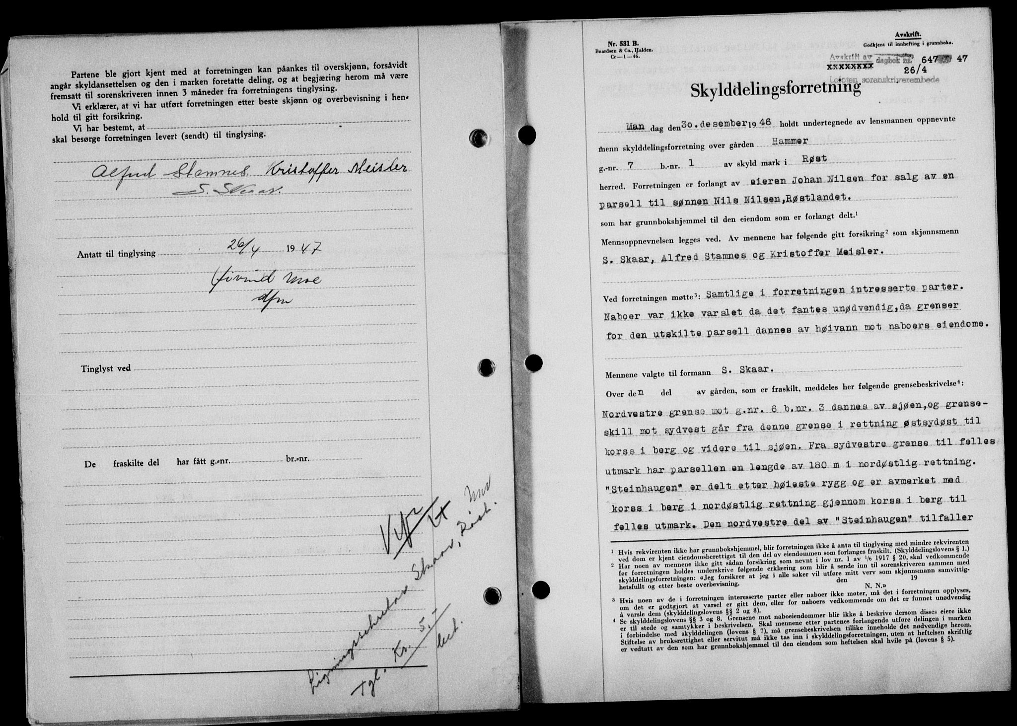 Lofoten sorenskriveri, SAT/A-0017/1/2/2C/L0015a: Mortgage book no. 15a, 1946-1947, Diary no: : 647/1947