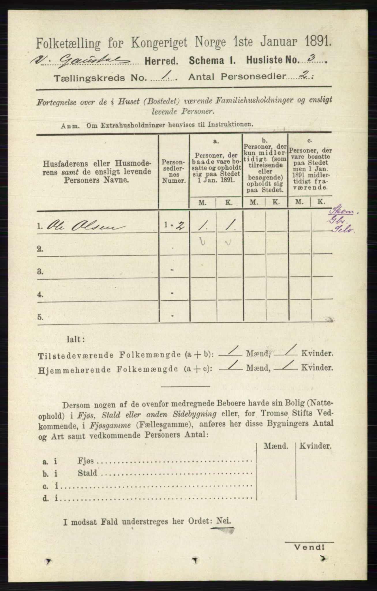 RA, 1891 census for 0523 Vestre Gausdal, 1891, p. 26