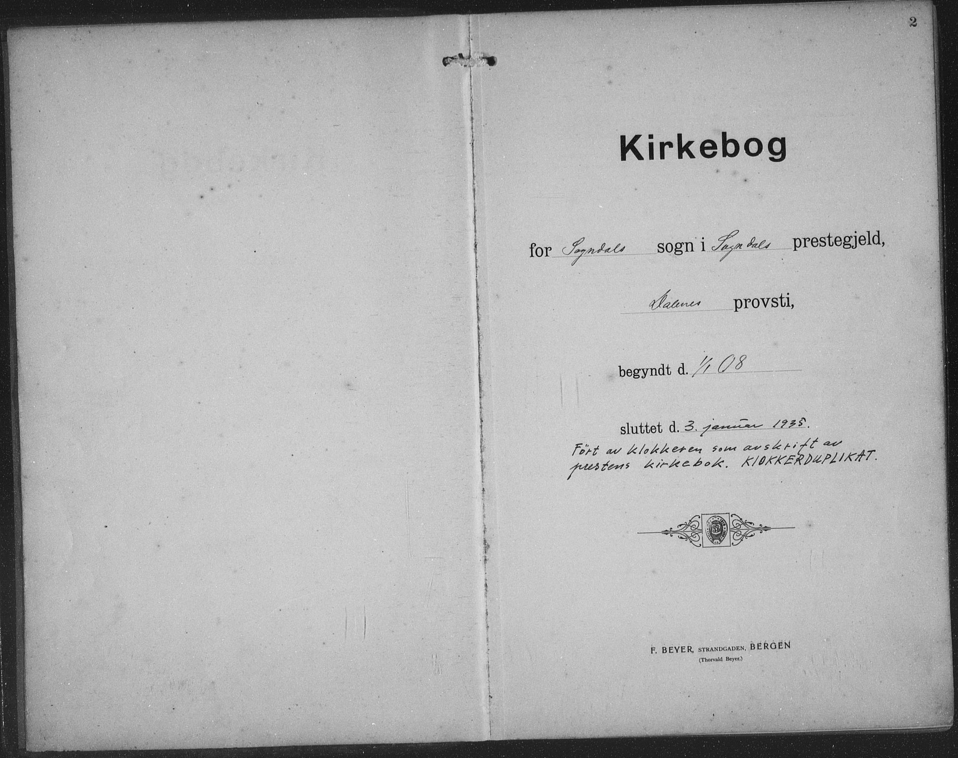 Sokndal sokneprestkontor, AV/SAST-A-101808: Parish register (copy) no. B 8, 1908-1934, p. 2