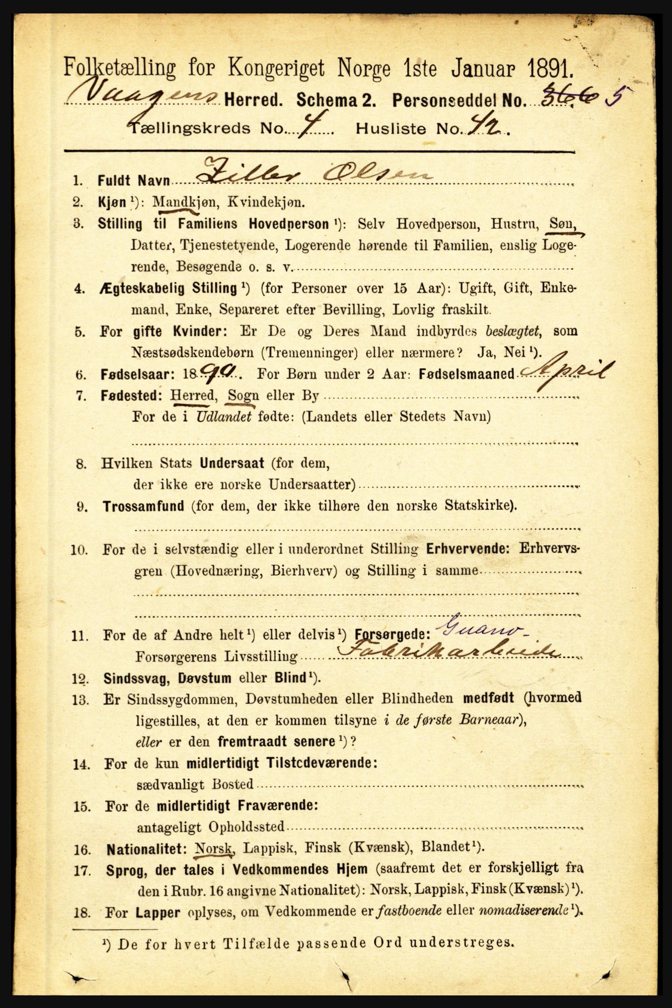 RA, 1891 census for 1865 Vågan, 1891, p. 1306