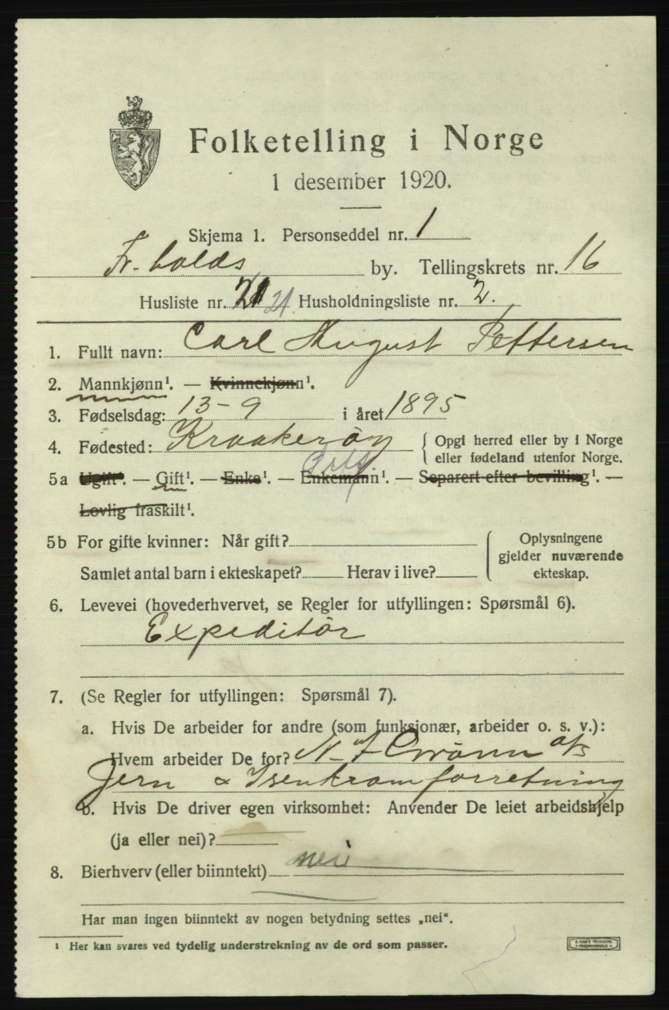 SAO, 1920 census for Fredrikshald, 1920, p. 25491