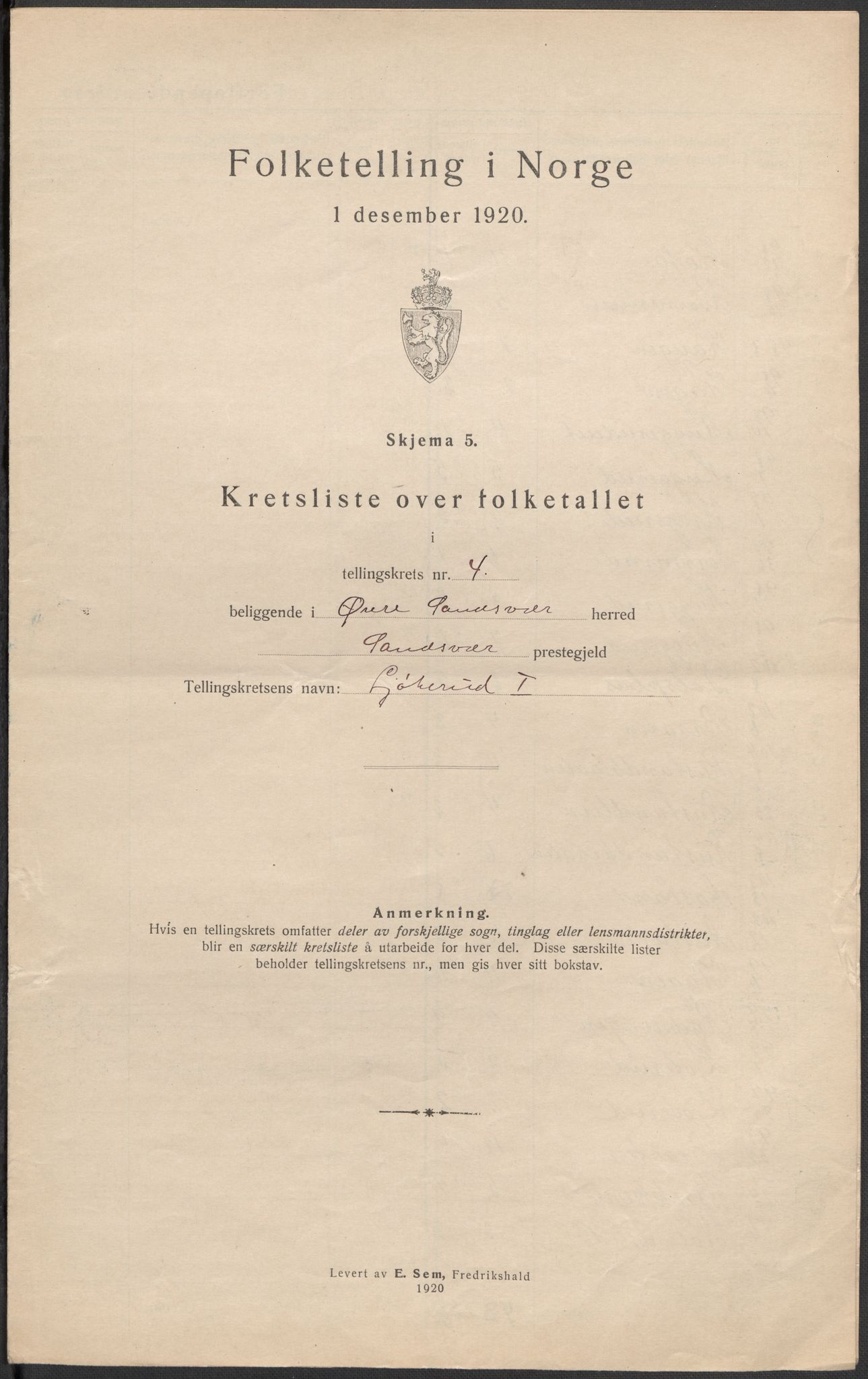 SAKO, 1920 census for Øvre Sandsvær, 1920, p. 15