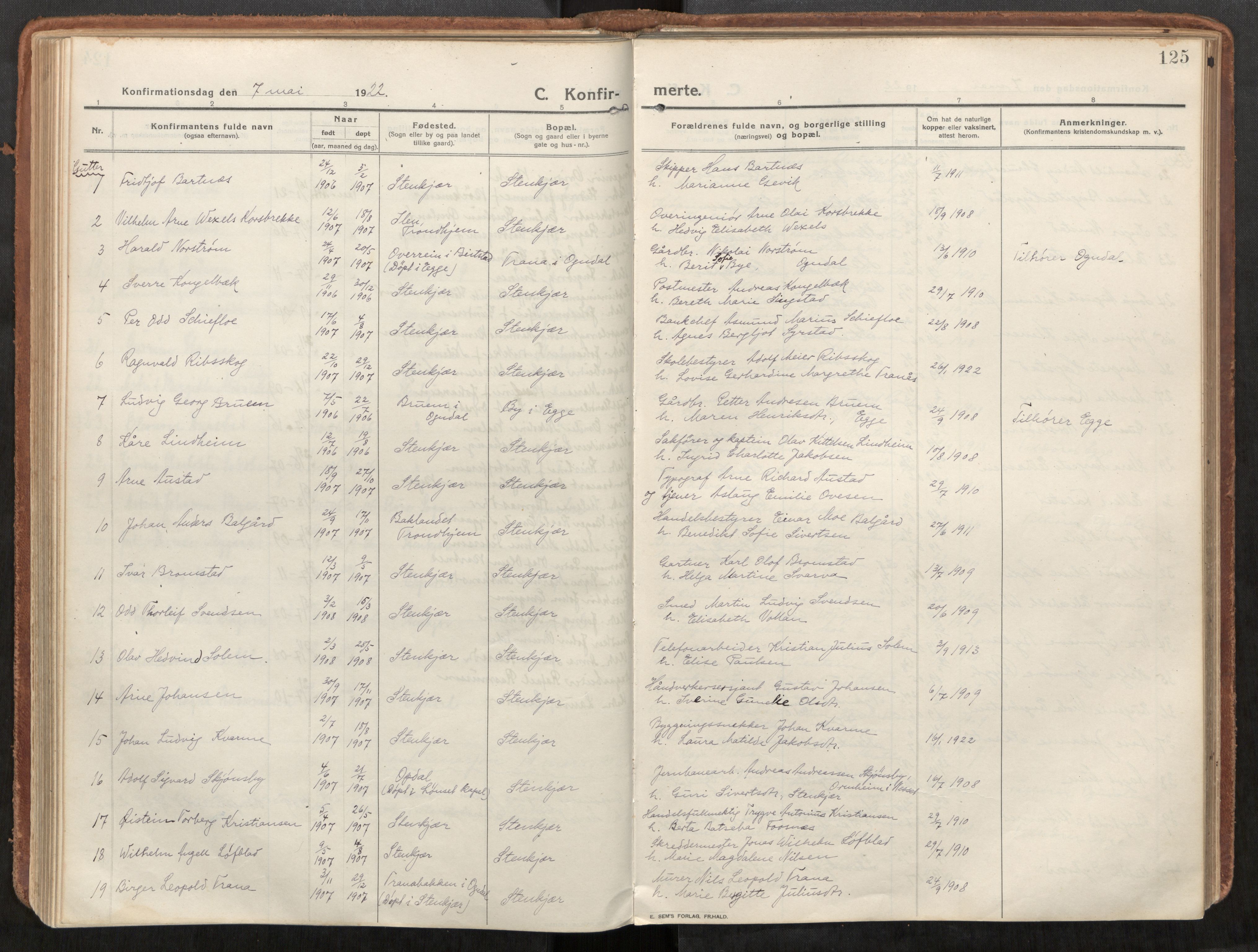 Steinkjer sokneprestkontor, AV/SAT-A-1541/01/H/Ha/Haa/L0003: Parish register (official) no. 3, 1913-1922, p. 125