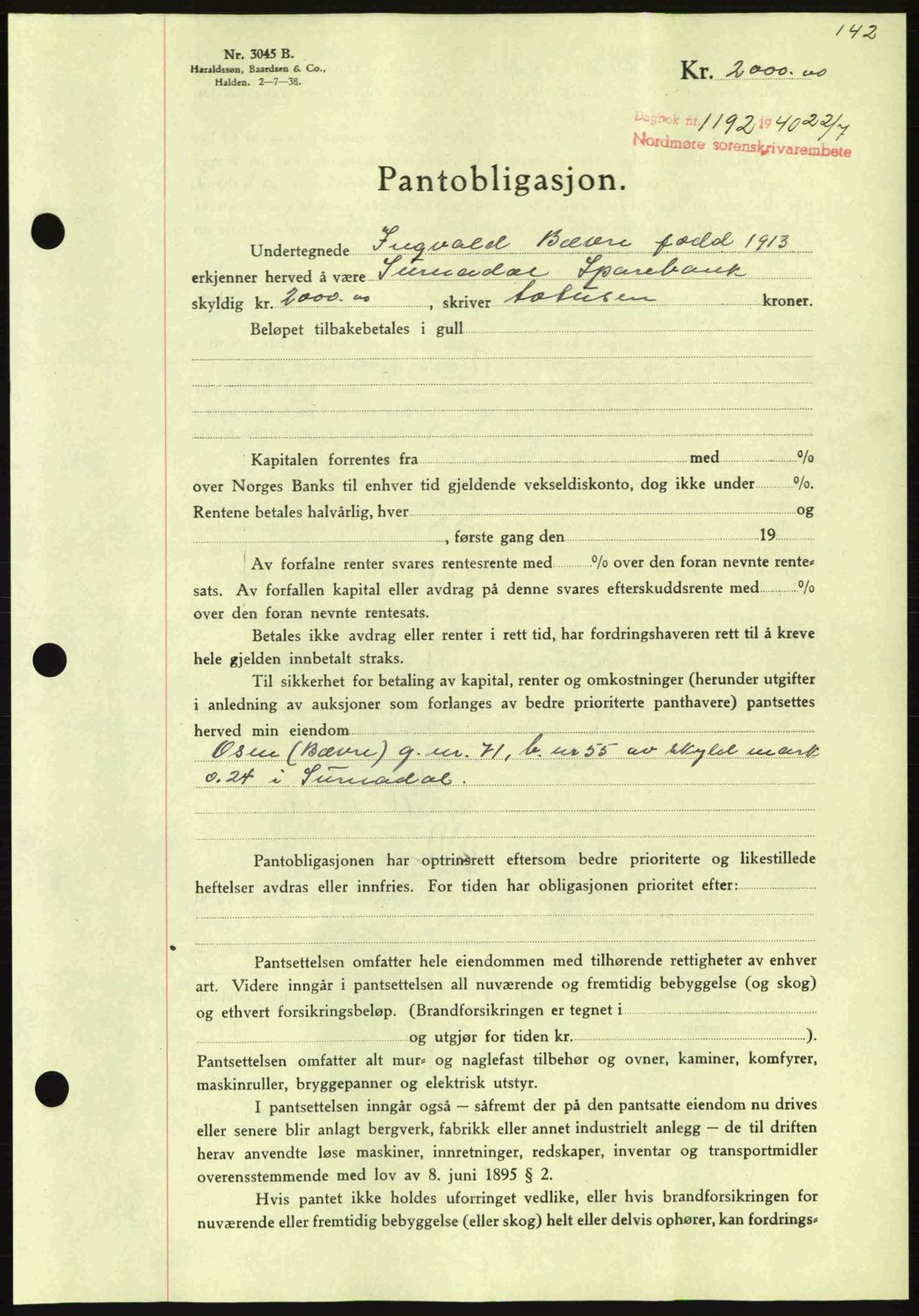 Nordmøre sorenskriveri, AV/SAT-A-4132/1/2/2Ca: Mortgage book no. B87, 1940-1941, Diary no: : 1192/1940