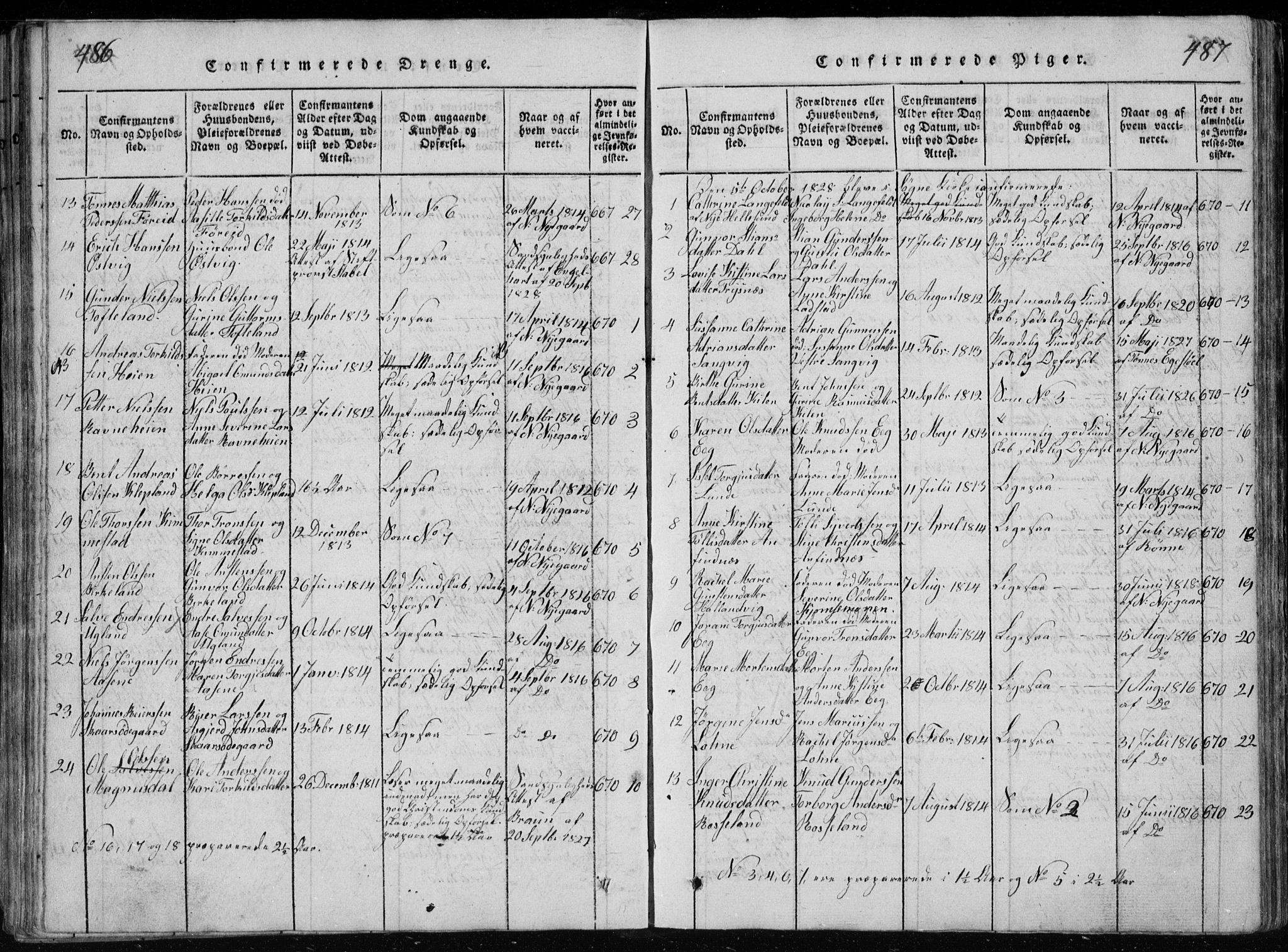 Søgne sokneprestkontor, SAK/1111-0037/F/Fb/Fbb/L0002: Parish register (copy) no. B 2, 1821-1838, p. 486-487