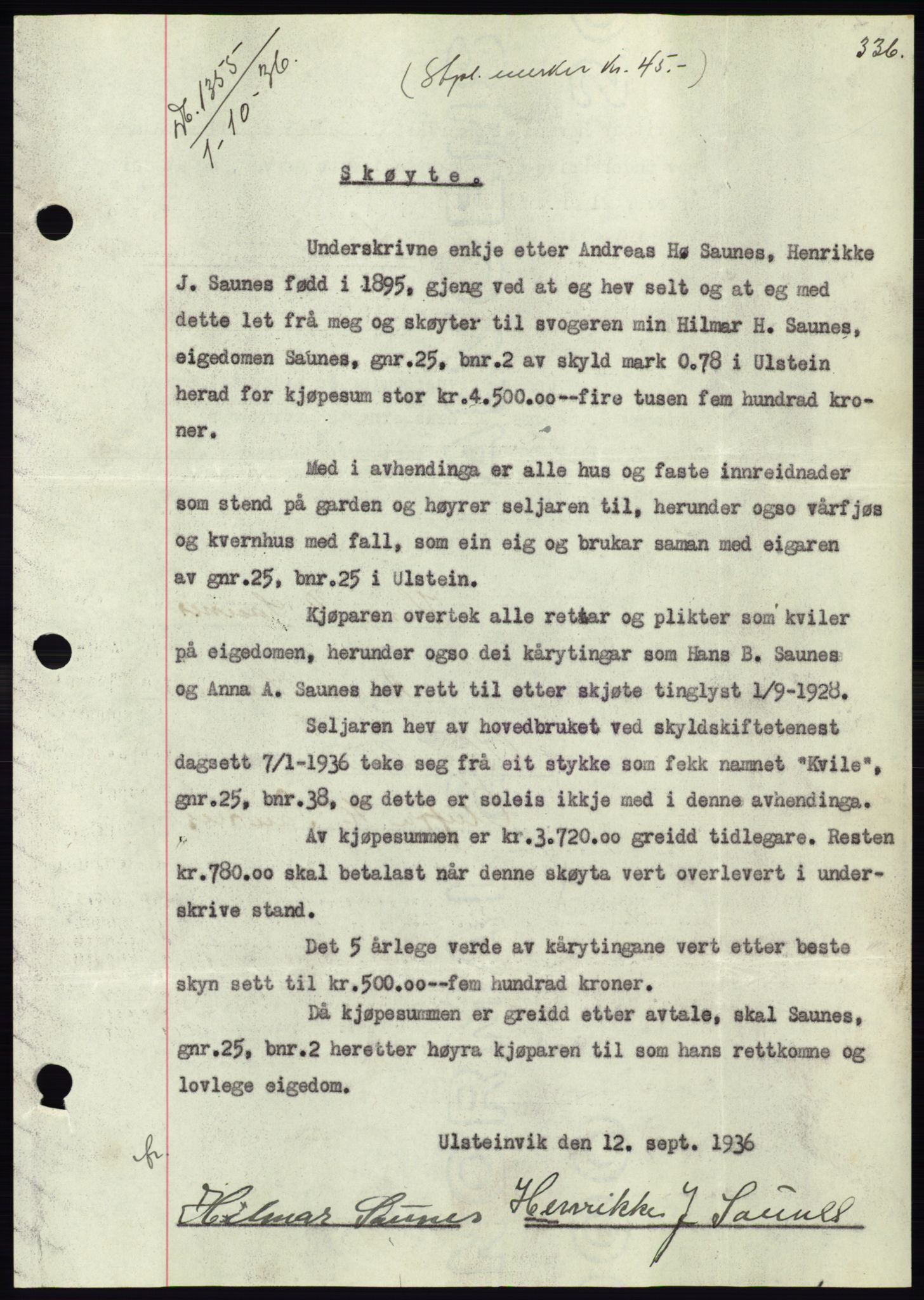 Søre Sunnmøre sorenskriveri, AV/SAT-A-4122/1/2/2C/L0061: Mortgage book no. 55, 1936-1936, Diary no: : 1355/1936