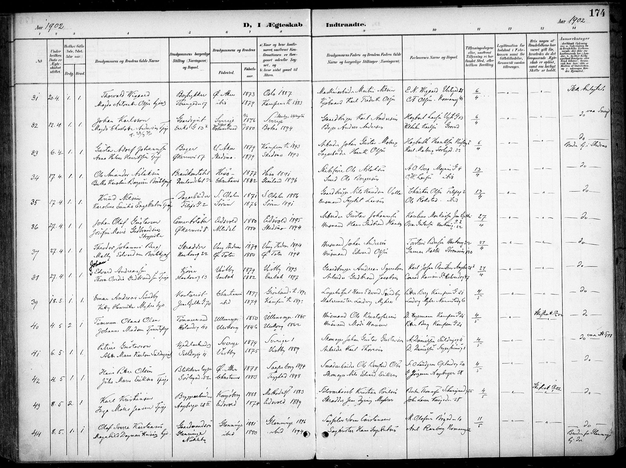 Kampen prestekontor Kirkebøker, AV/SAO-A-10853/F/Fa/L0009: Parish register (official) no. I 9, 1899-1911, p. 174