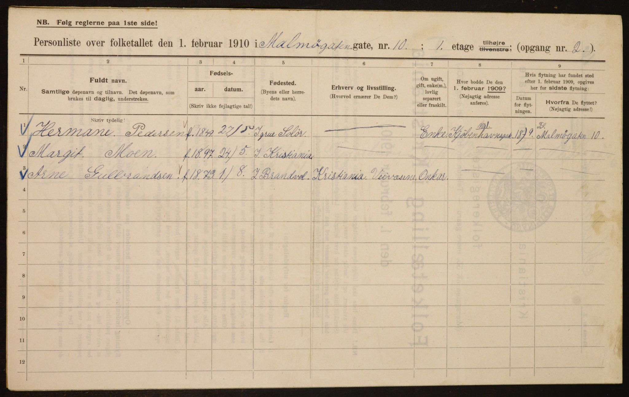 OBA, Municipal Census 1910 for Kristiania, 1910, p. 58064