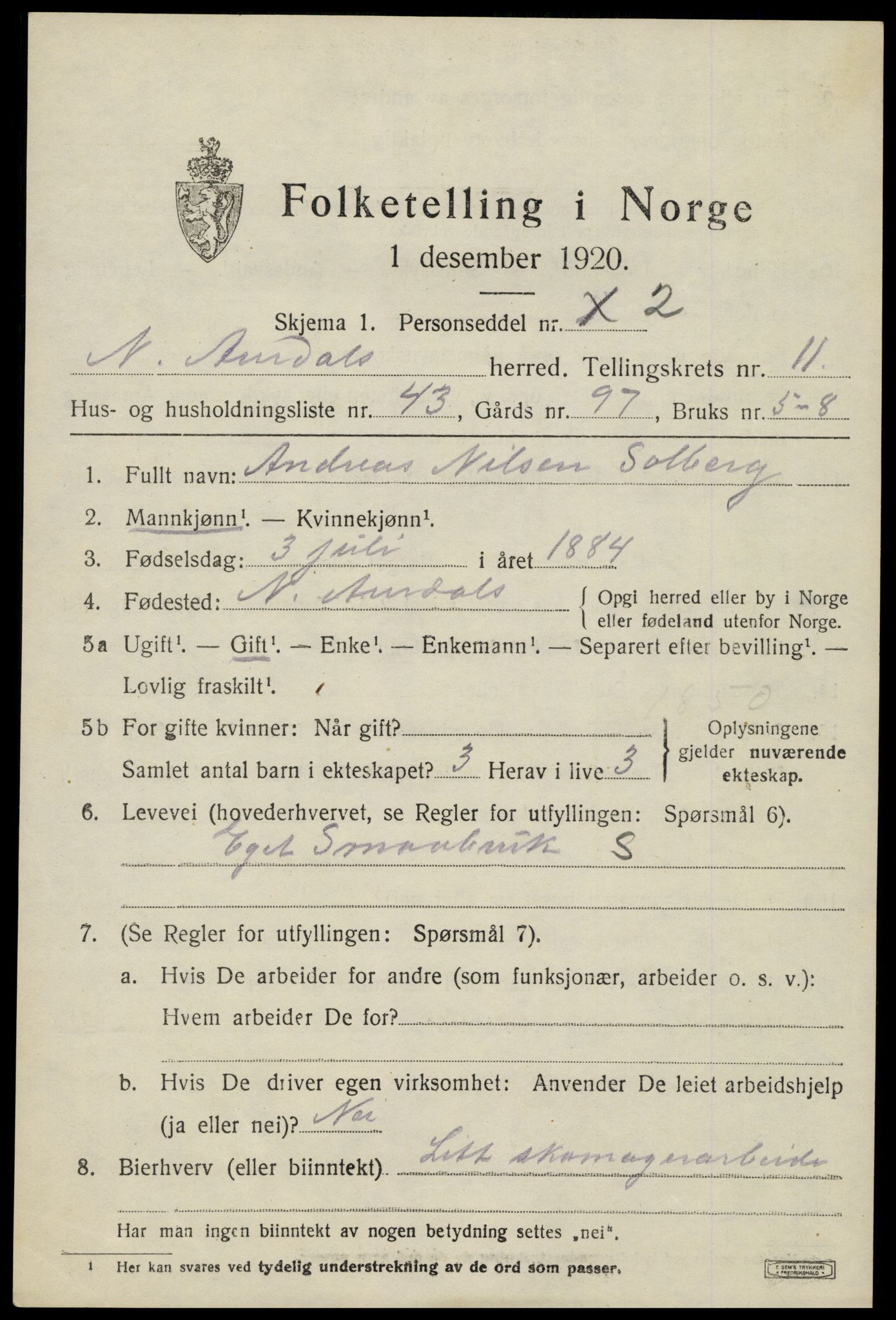 SAH, 1920 census for Nord-Aurdal, 1920, p. 8872