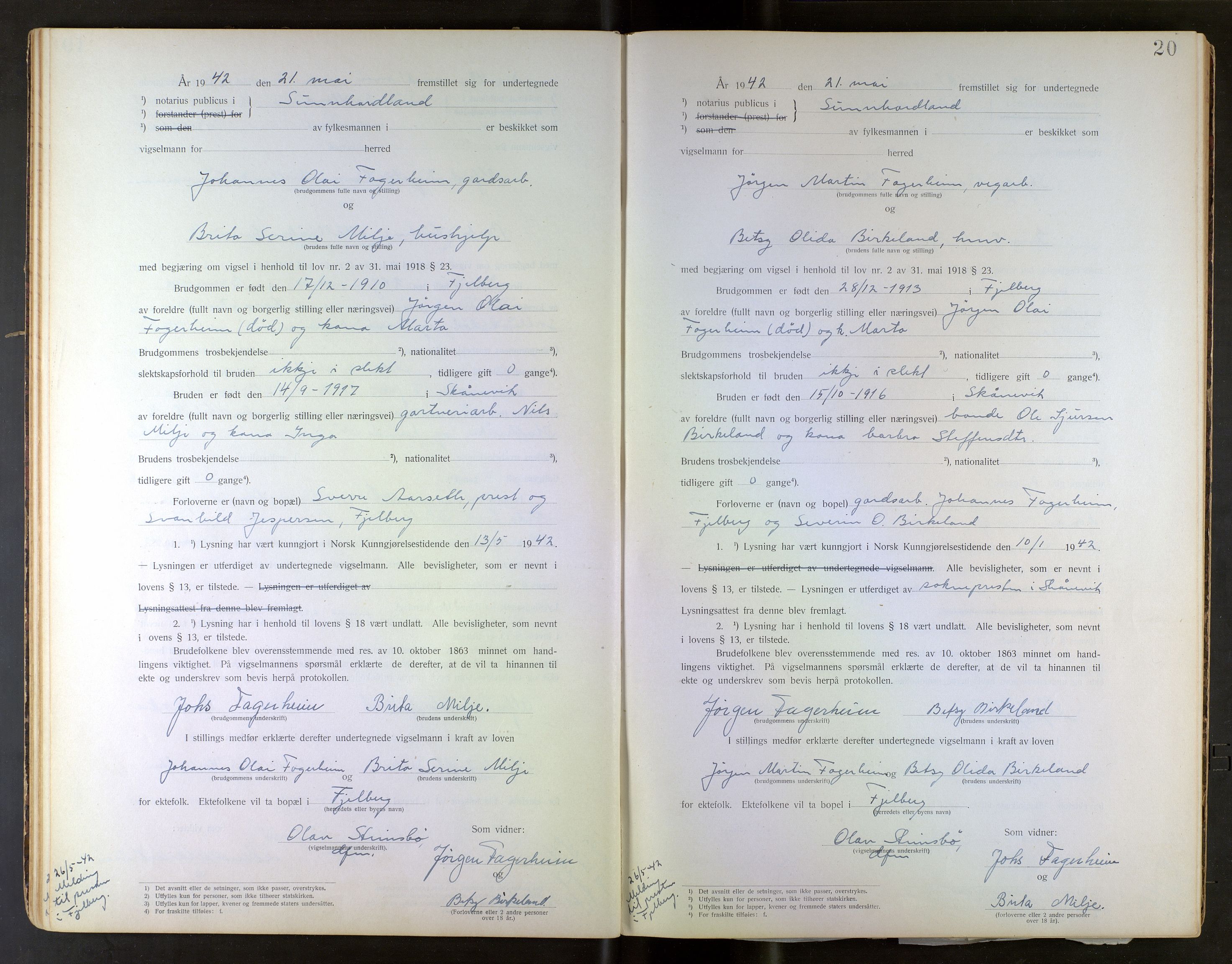 Sunnhordland sorenskrivar, AV/SAB-A-2401/2/I/Ia/L0001: Vigselsbok, 1925-1943, p. 19b-20a
